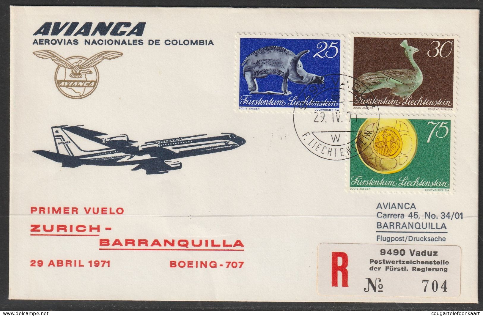1971, Avianca, Erstflug, Liechtenstein - Baranquilla Colombia - Posta Aerea