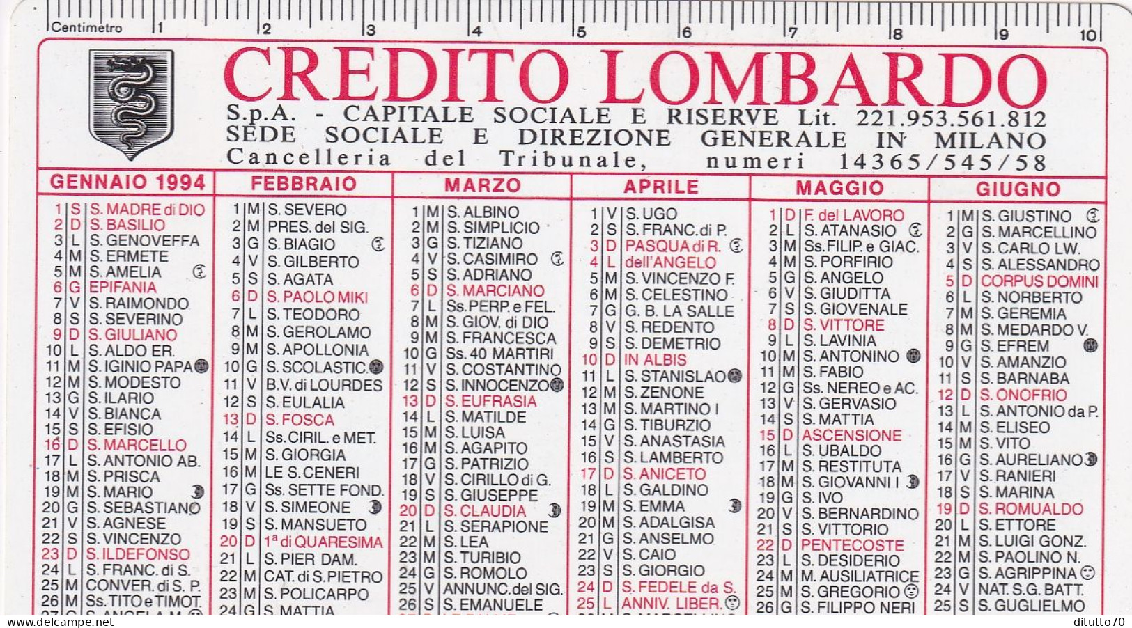 Calendarietto - Credito Lombardo - Milano - Anno 1994 - Formato Piccolo : 1991-00