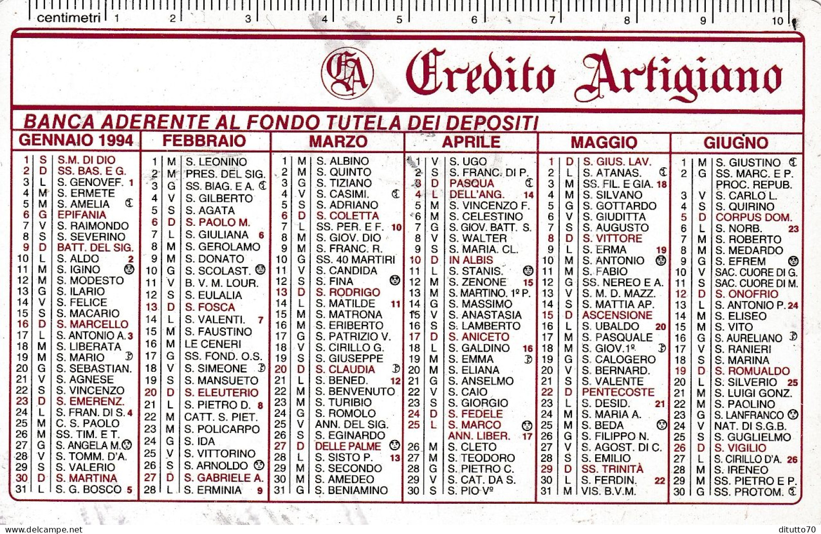 Calendarietto - Credito Artigiano - Anno 1994 - Formato Piccolo : 1991-00