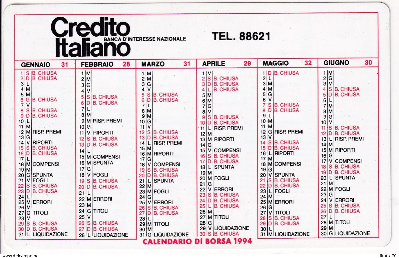 Calendarietto - Credito Italiano - Anno 1994 - Formato Piccolo : 1991-00