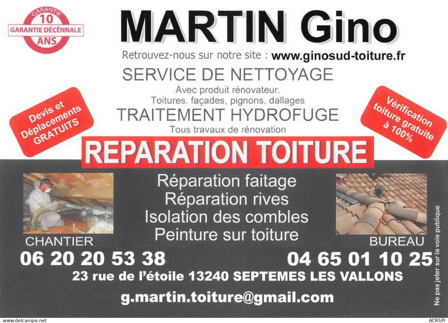 13  Septèmes-les-Vallons 23 Rue De L'étoile MARTIN Gino Réparation Toitures PUB Publicité Flyer (Scan R/V) N° 53 \MT9114 - Marignane