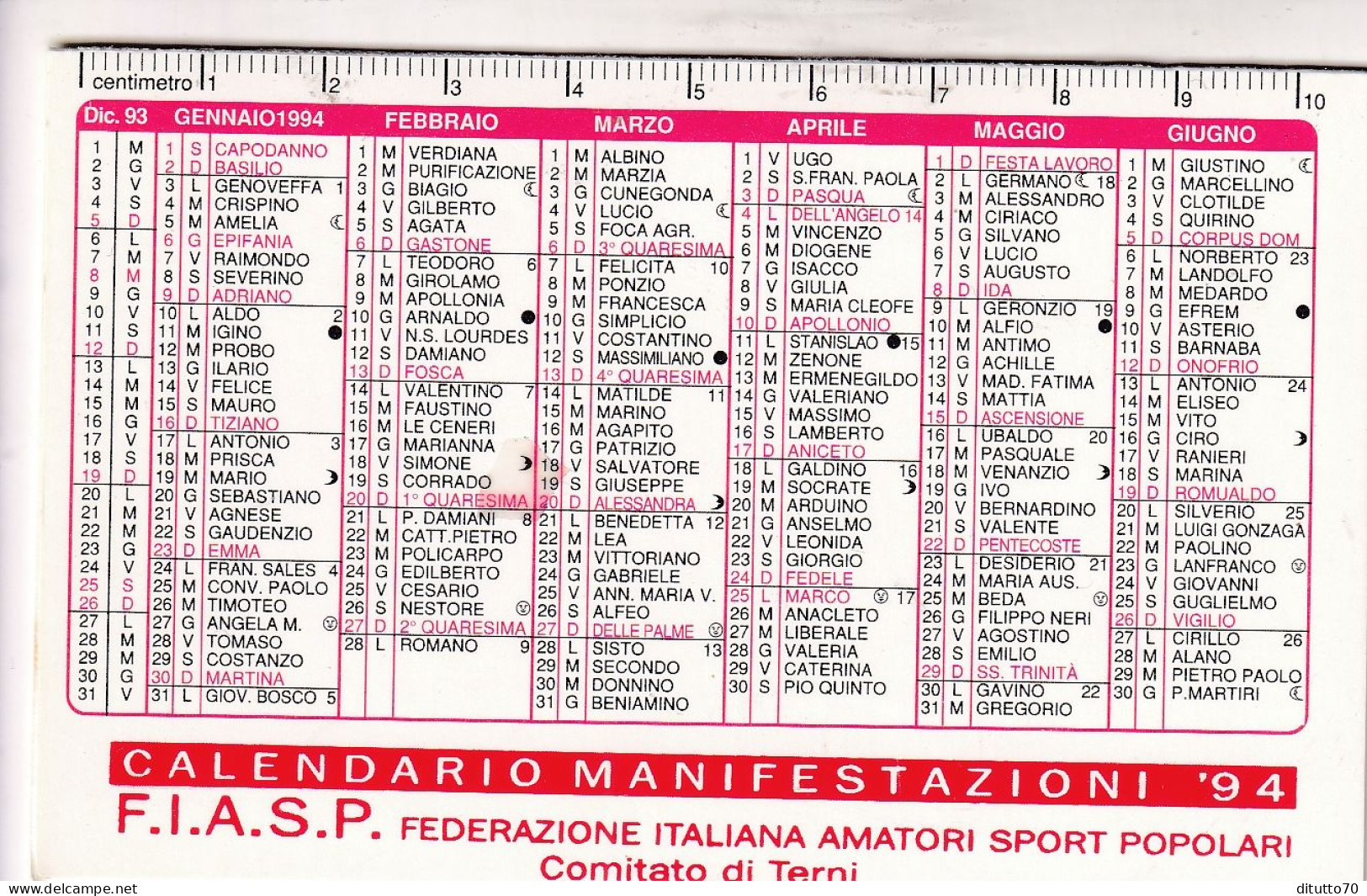 Calendarietto - F.I.A.S.P. - Federaione Italina Amatori Sport Popolari - Terni - Anno 1994 - Tamaño Pequeño : 1991-00