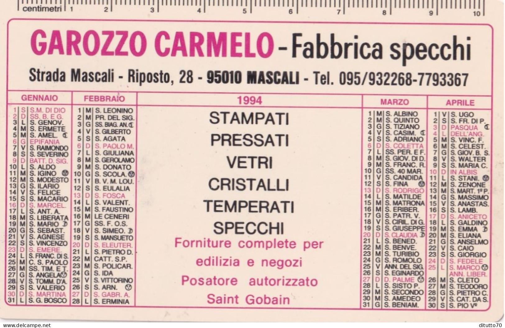 Calendarietto - Fabbrica Specchi - Mascali - Anno 1994 - Formato Piccolo : 1991-00