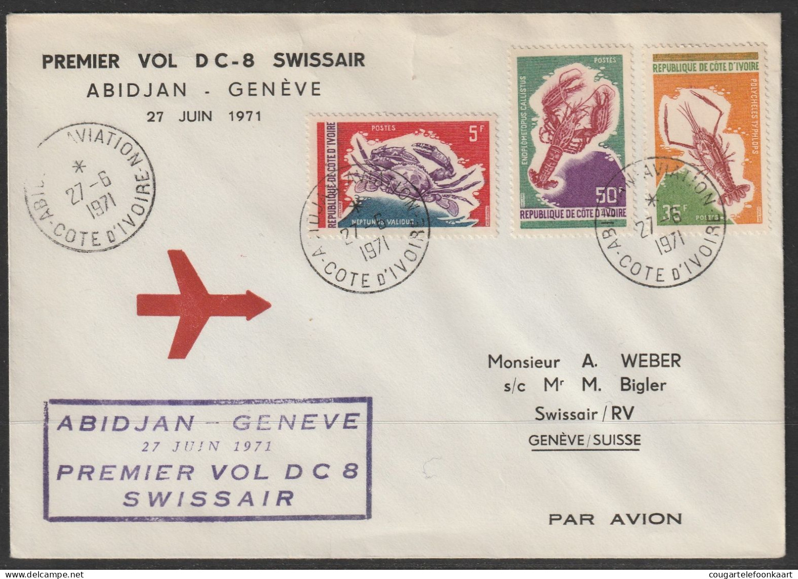 1971, Swissair, Erstflug, Abidjan Ivory Coast - Genf, Auflage 40 Stück !!!!! - Tunesien (1956-...)