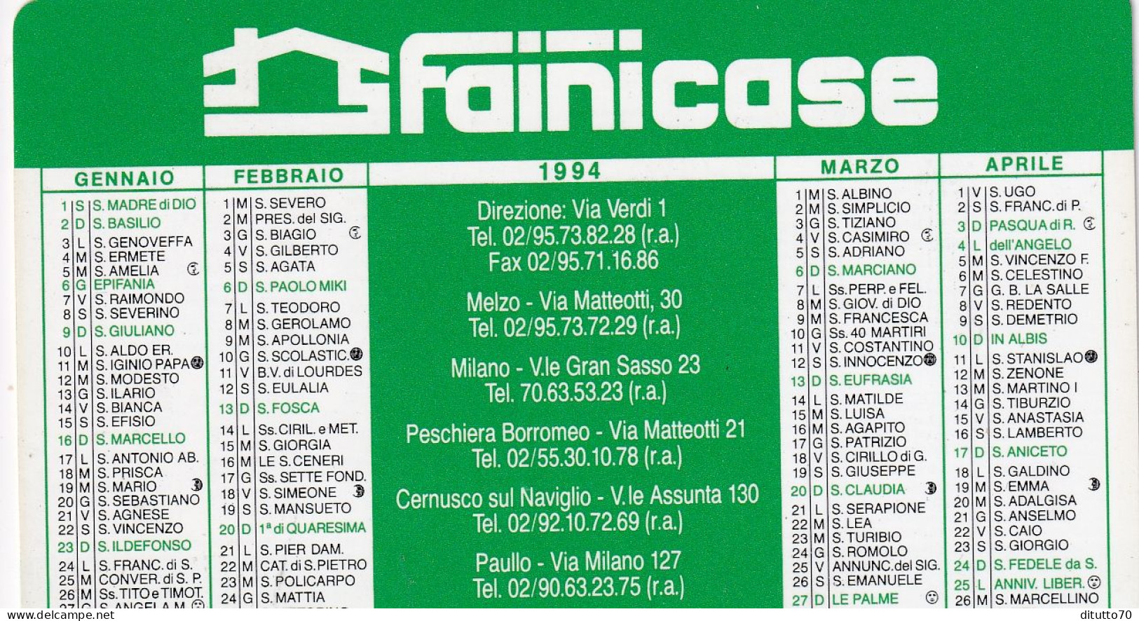 Calendarietto - Fanicase - Anno 1994 - Formato Piccolo : 1991-00