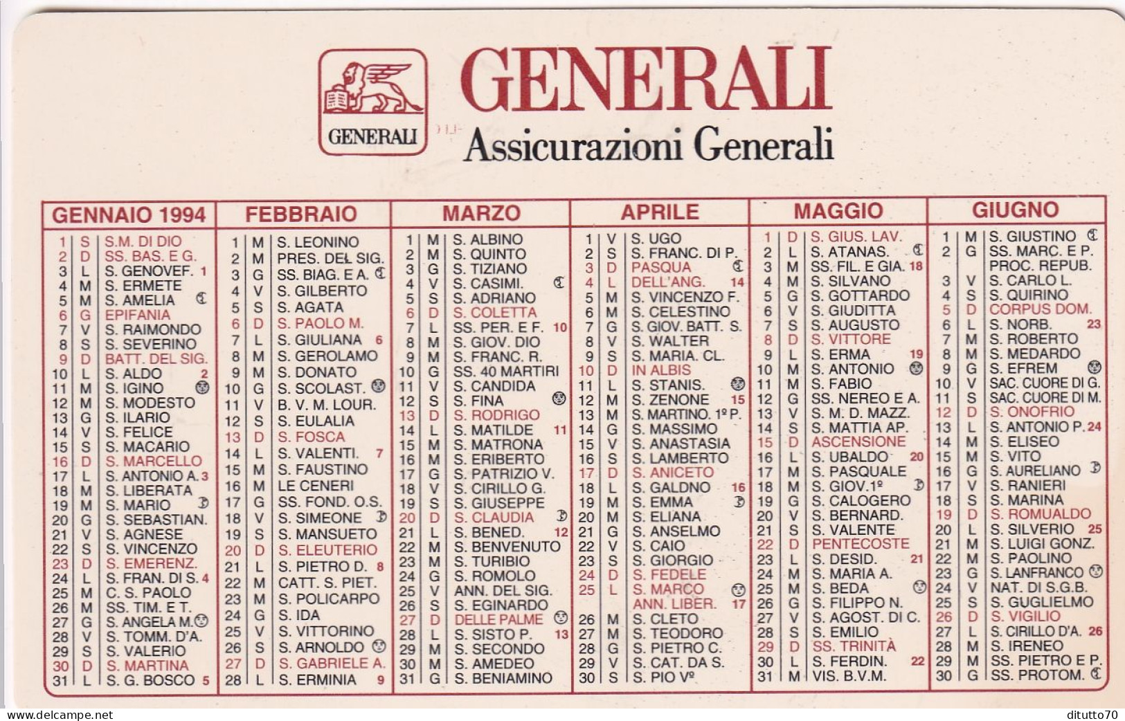 Calendarietto - Generali -assicurazioni - Anno 1994 - Formato Piccolo : 1991-00