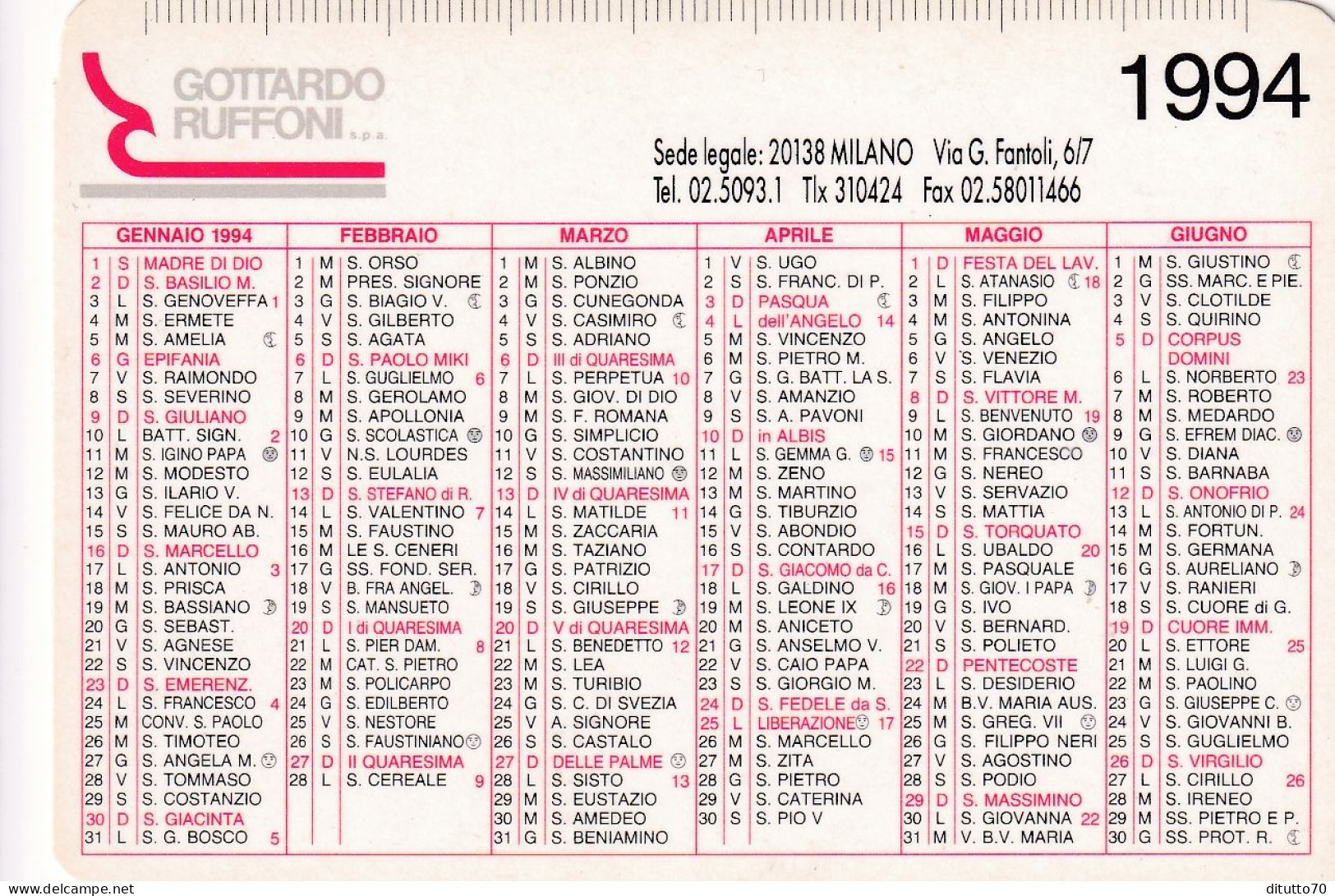 Calendarietto - Gottardo Ruffoni - Milano - Anno 1994 - Formato Piccolo : 1991-00