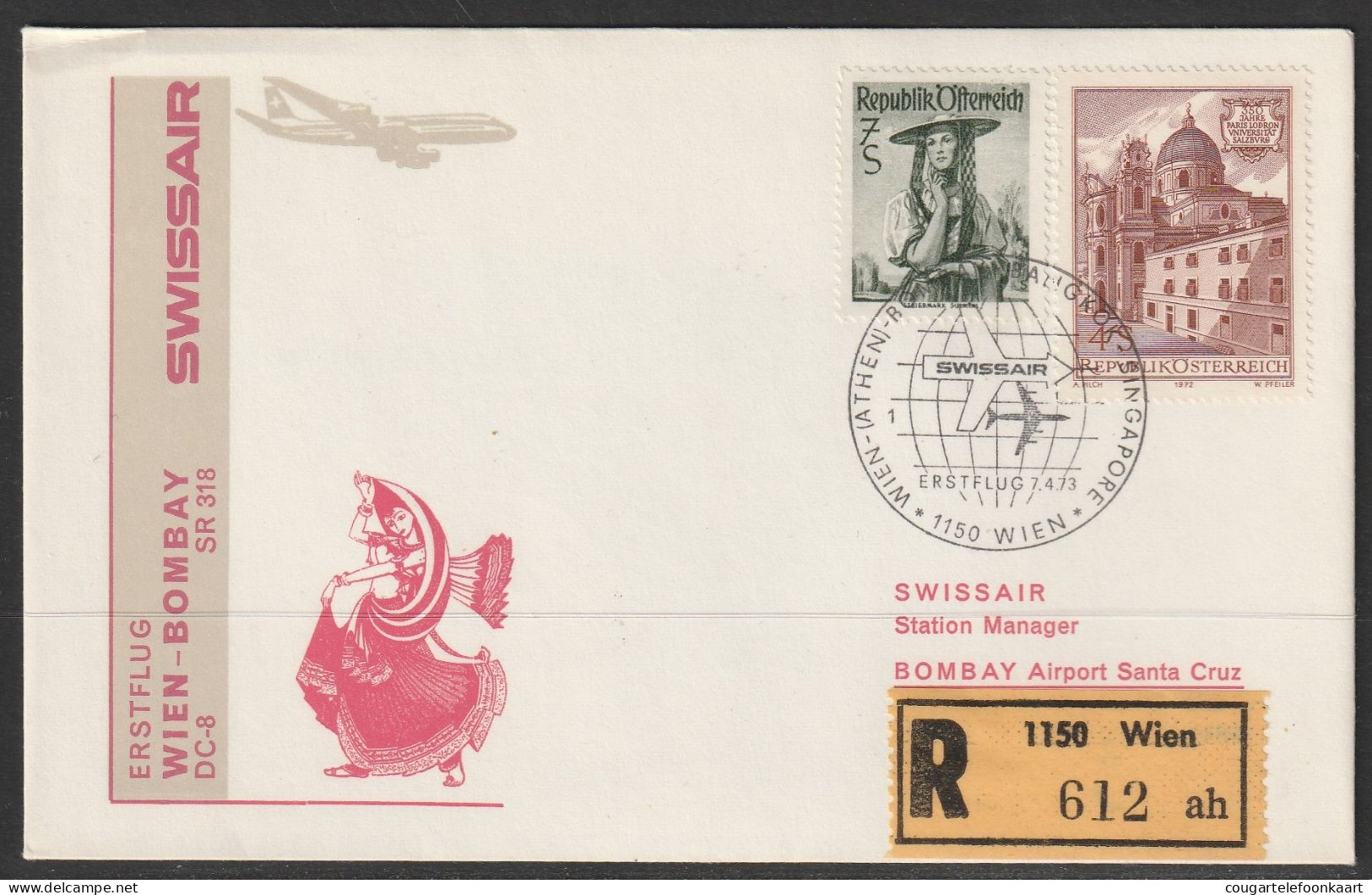 1973, Swissair, Erstflug, Wien - Bombay - Erst- U. Sonderflugbriefe