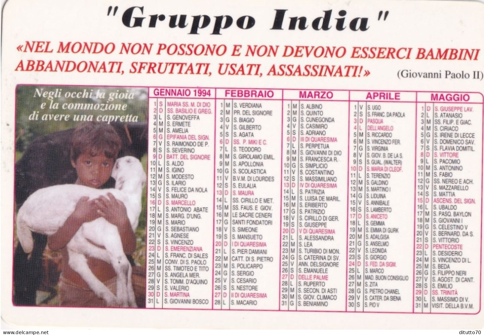 Calendarietto - Gruppo India - Roma - Anno 1994 - Formato Piccolo : 1991-00