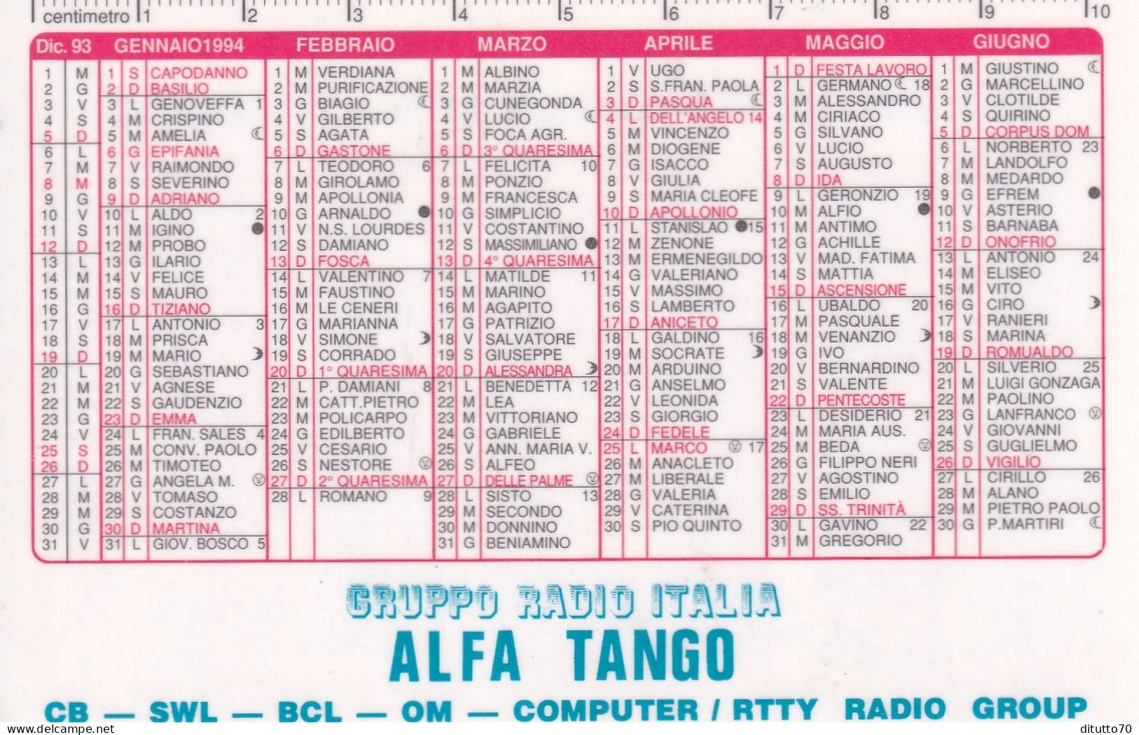 Calendarietto - Gruppo Radio Italia - Alfa Tango - Anno 1994 - Formato Piccolo : 1991-00