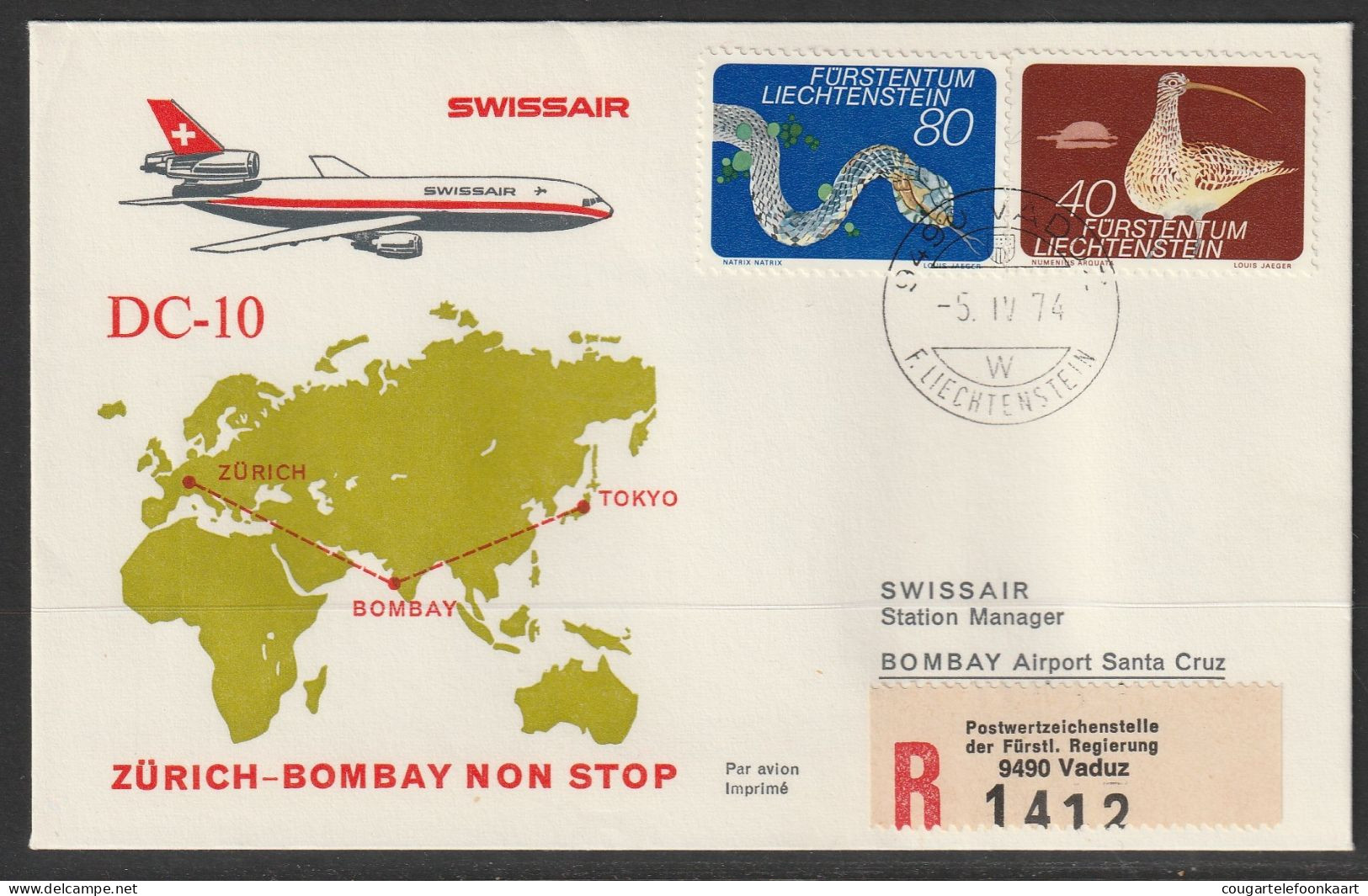 1974, Swissair, Erstflug, Liechtenstein - Bombay - Aéreo