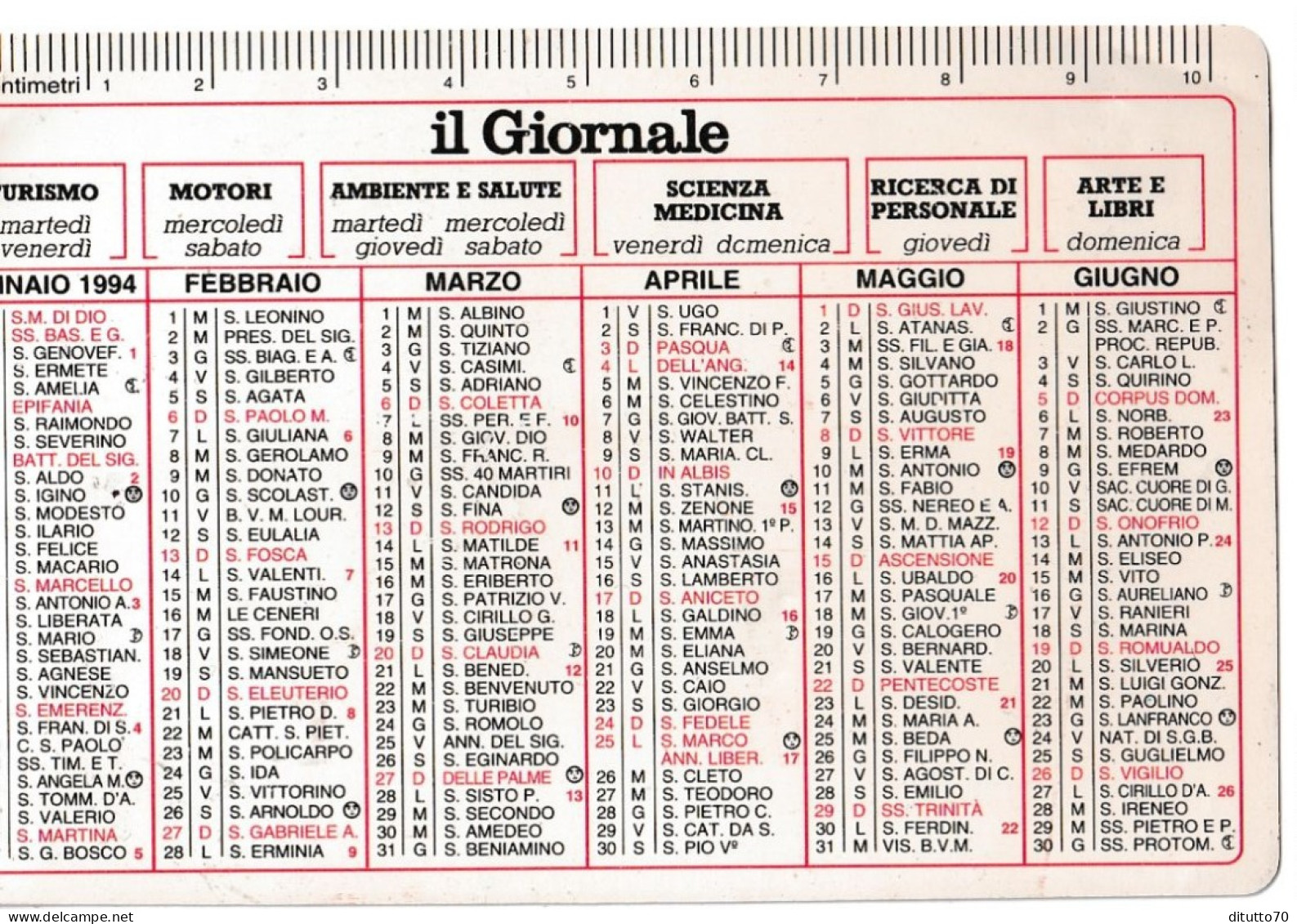Calendarietto - Il Giornale - Anno 1994 - Formato Piccolo : 1991-00