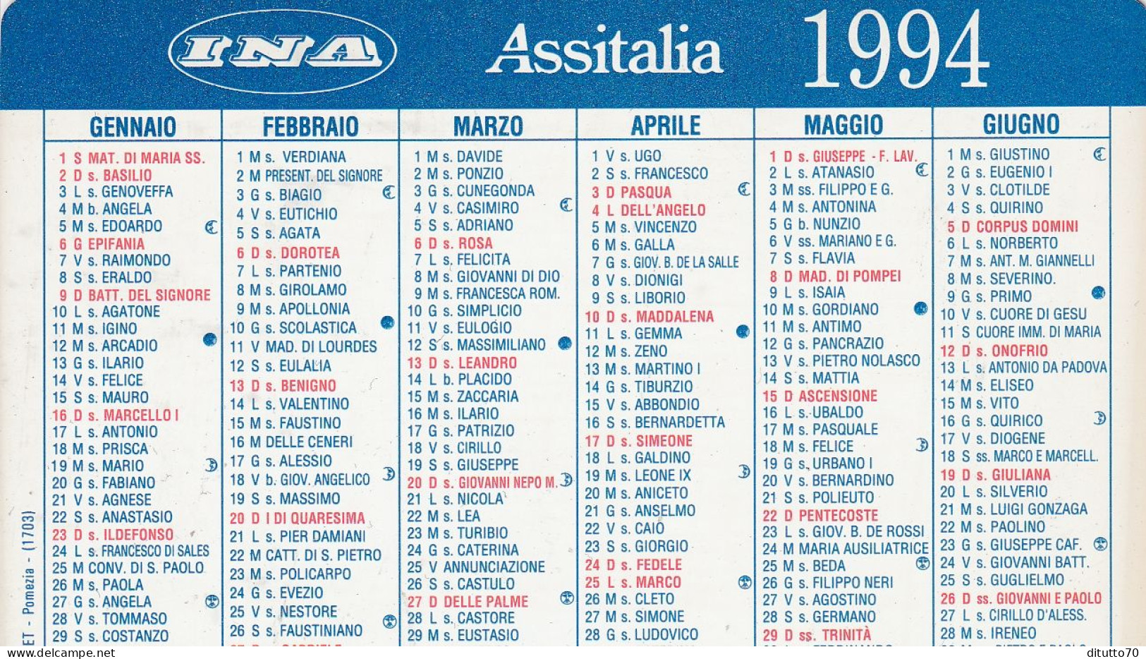 Calendarietto - Ina - Assitalia - Anno 1994 - Petit Format : 1991-00