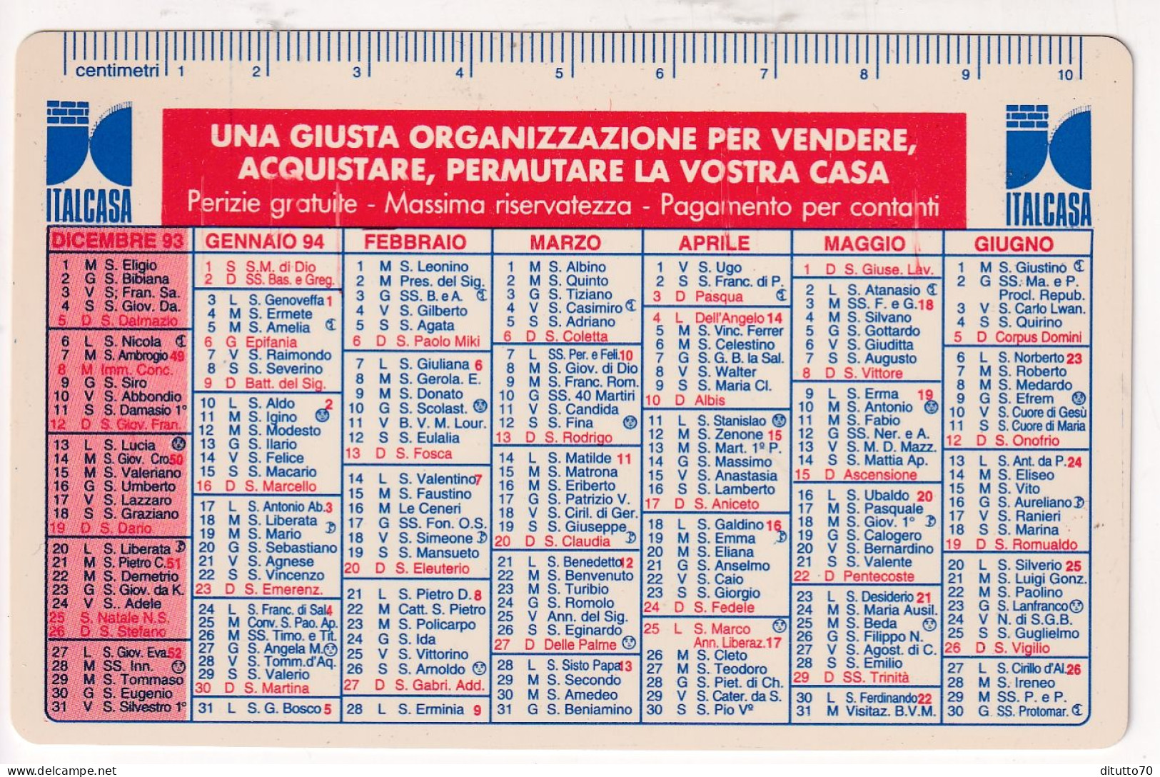 Calendarietto - Italcasa - Anno 1994 - Formato Piccolo : 1991-00