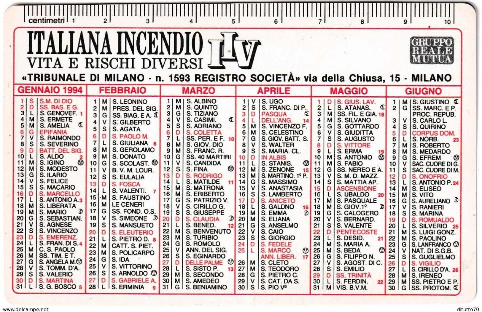 Calendarietto - Italia Incendio - Gruppo Reale Muta - Milano - Anno 1994 - Formato Piccolo : 1991-00