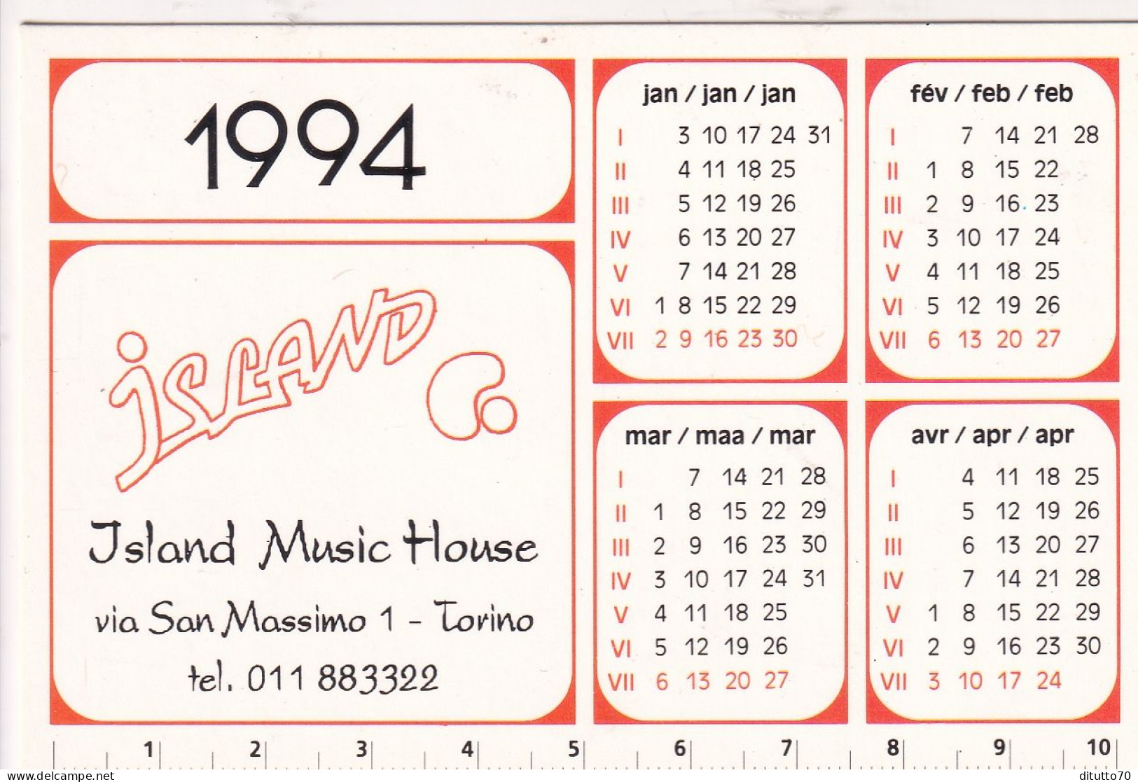 Calendarietto - Jsland Music House - Torino - Anno 1994 - Formato Piccolo : 1991-00