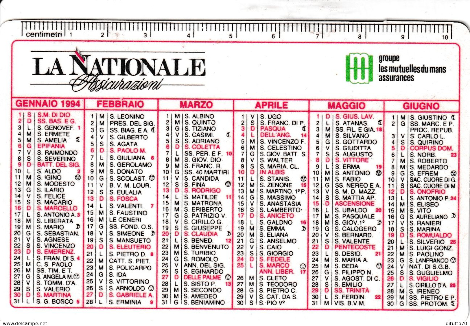 Calendarietto - La Nazionale Assicurazioni - Anno 1994 - Petit Format : 1991-00
