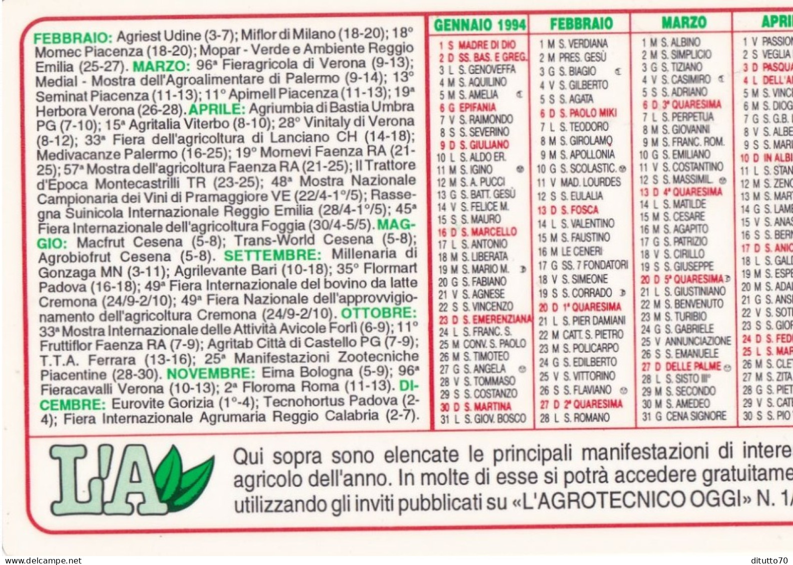 Calendarietto - L'agrotecnico Oggi - Forli - Anno 1994 - Formato Piccolo : 1991-00