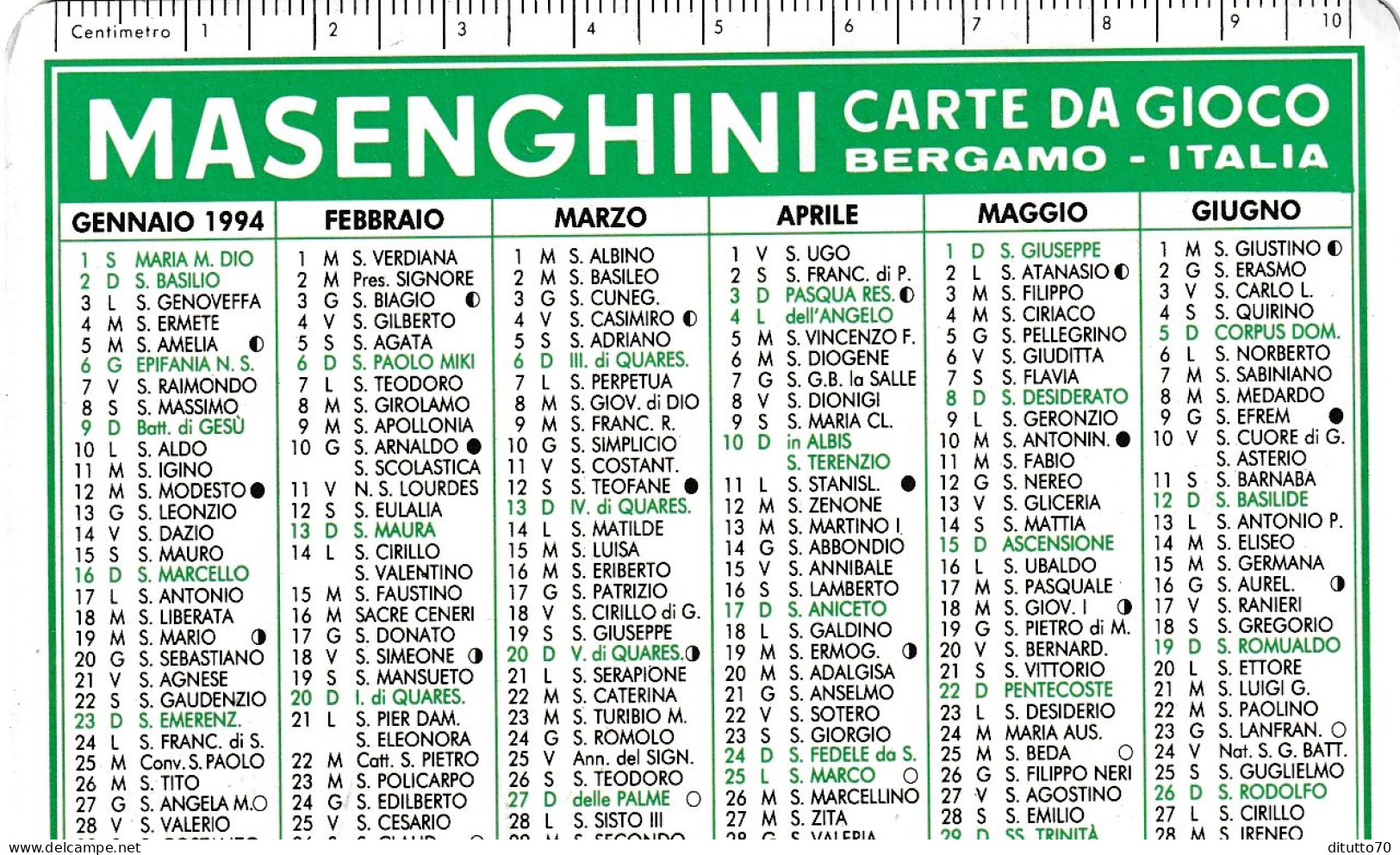 Calendarietto - Masenghini - Carte Da Gioco - Bergamo - Anno 1994 - Formato Piccolo : 1991-00