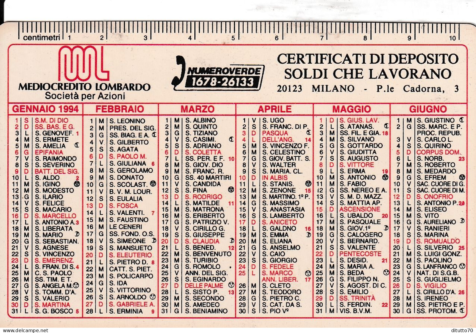 Calendarietto - Mediocredito Lombardo - Milano - Anno 1994 - Formato Piccolo : 1991-00