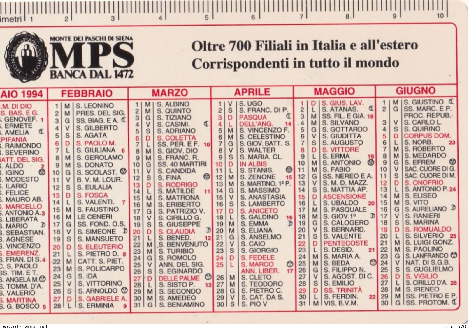 Calendarietto - Monte Dei Paschi Di Siena - Anno 1994 - Formato Piccolo : 1991-00