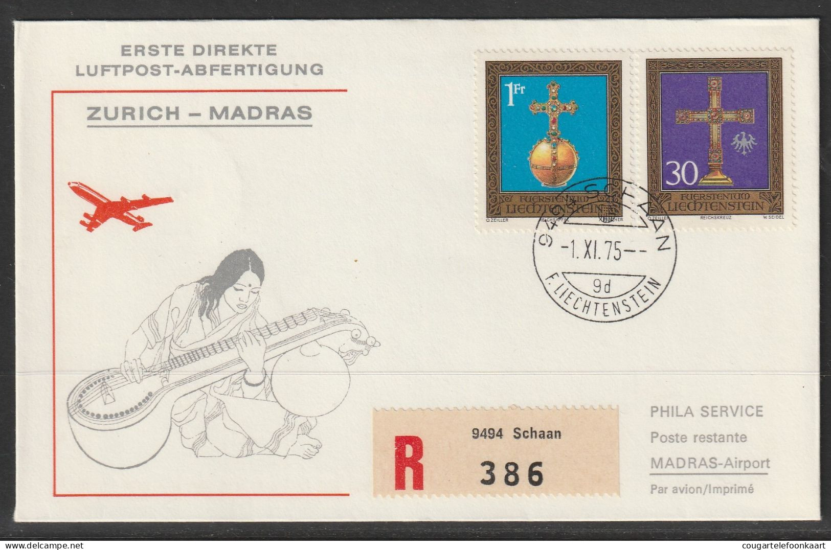 1975, Erste Direkte Luftpost-Abfertigung, Erstflug, Liechtenstein - Madras India - Aéreo