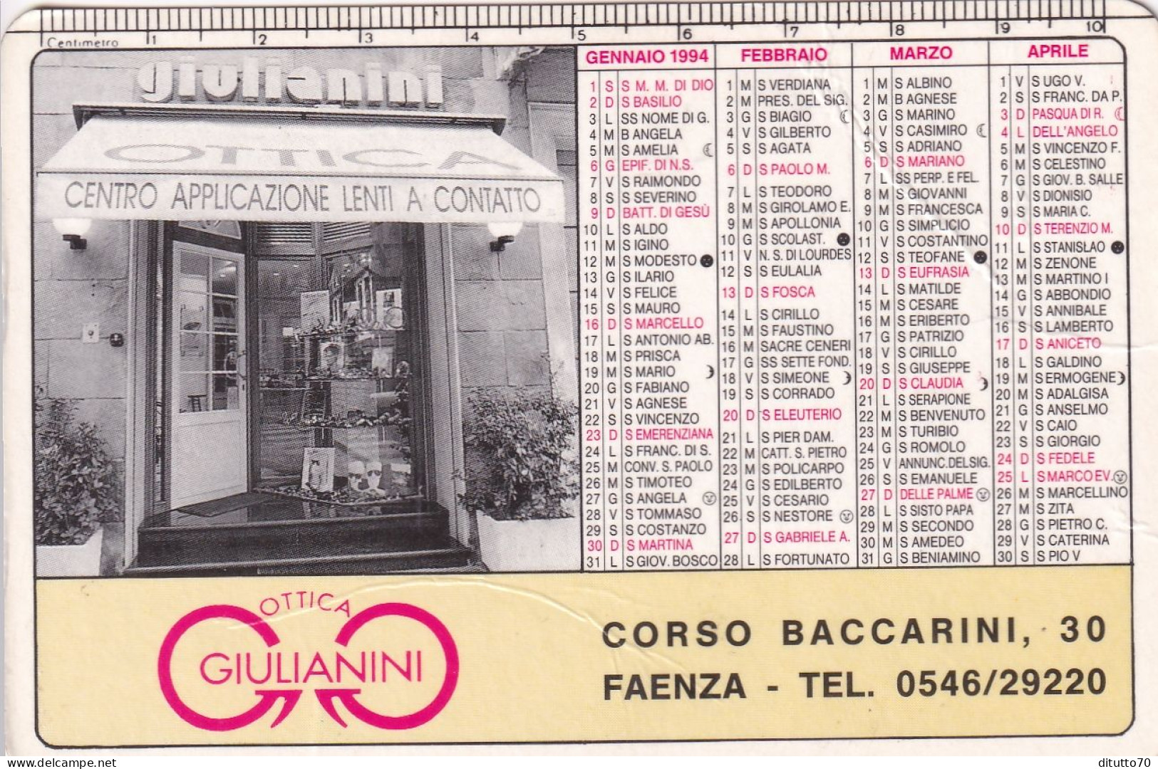 Calendarietto - Ottica - Giulianini - Faenza - Anno 1994 - Formato Piccolo : 1991-00