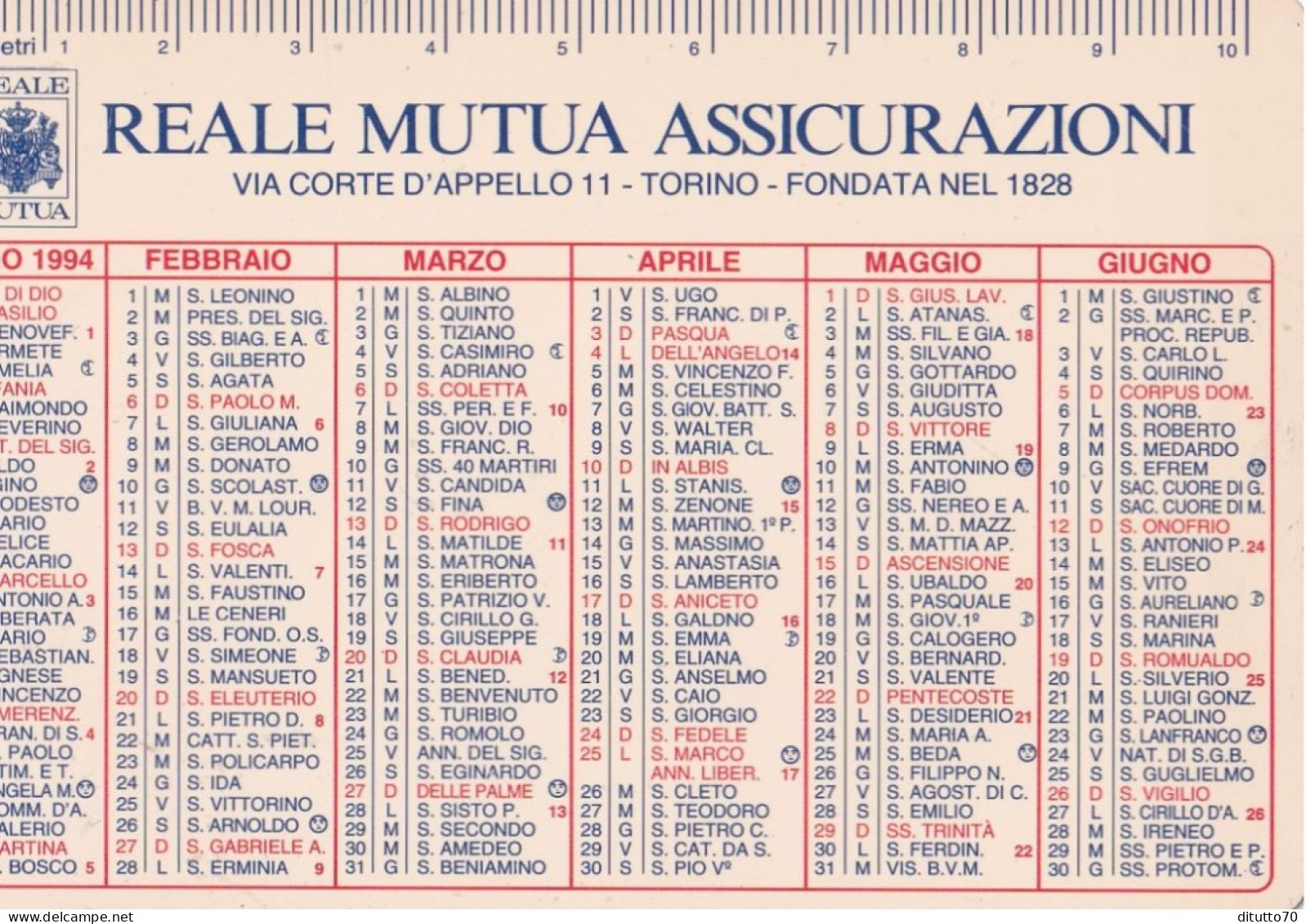 Calendarietto - Reale Mutua Assicuazioni - Torino - Anno  1994 - Petit Format : 1991-00