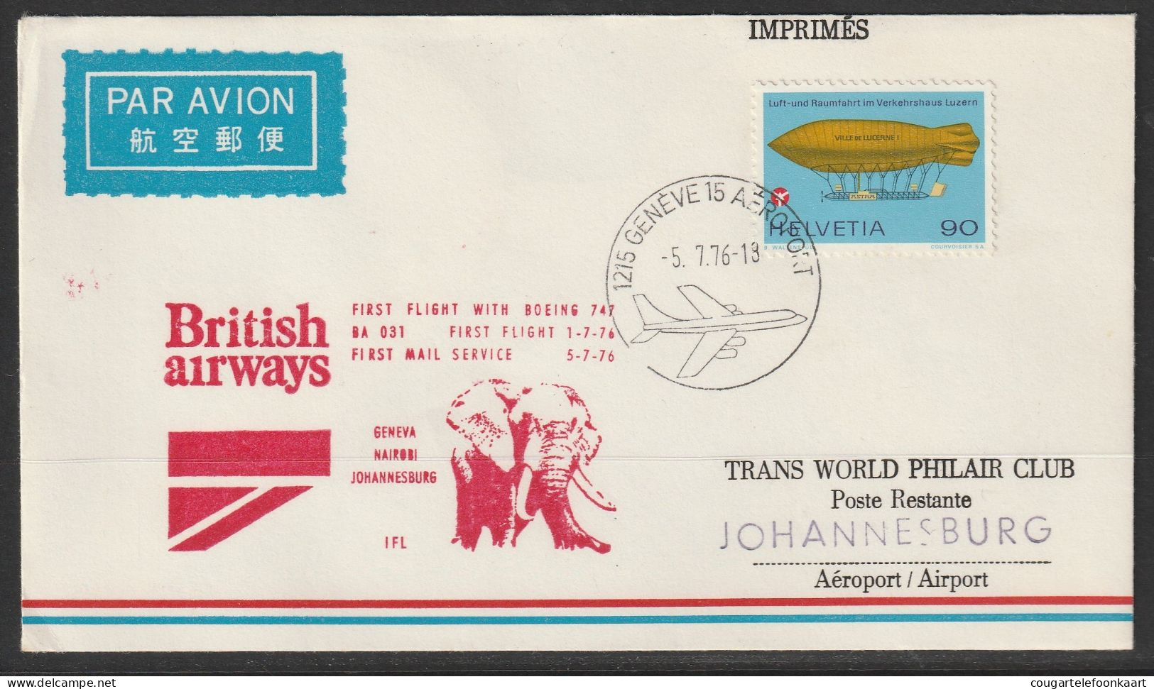 1976, British Airways, Erstflug, Genf - Johannesburg South Africa, Auflage 100 Stück !!! - Erst- U. Sonderflugbriefe