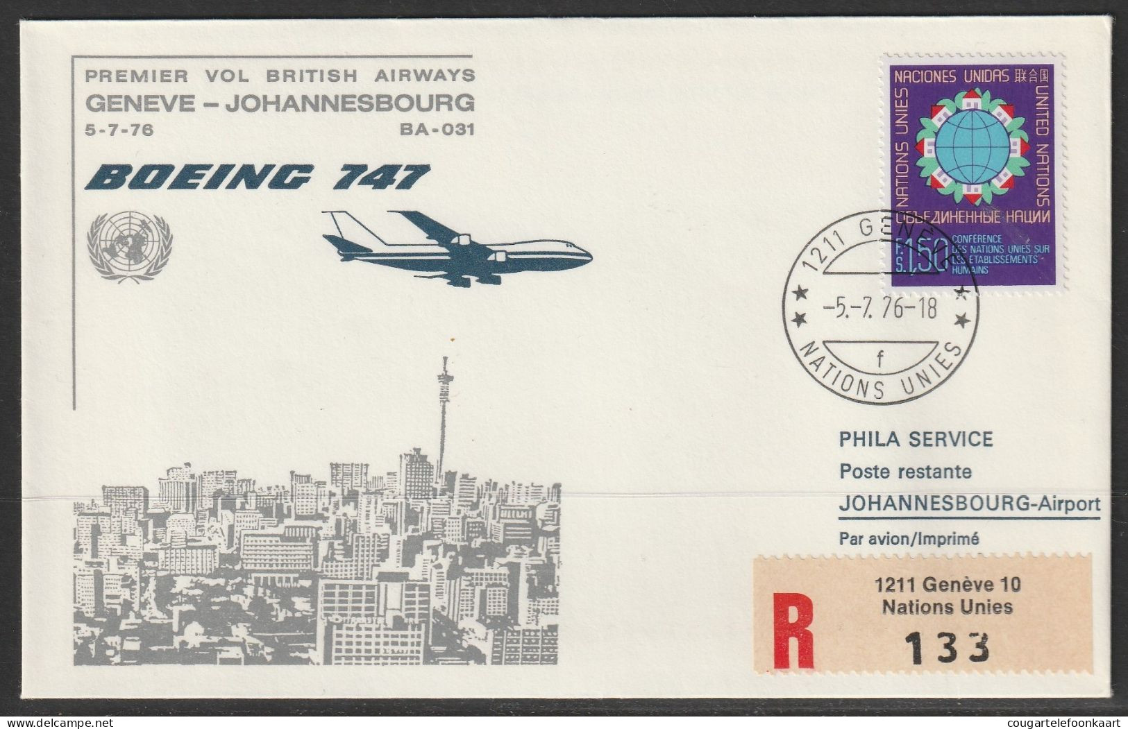 1976, British Airways, Erstflug, Genf UN - Johannesburg South Africa - Erst- U. Sonderflugbriefe