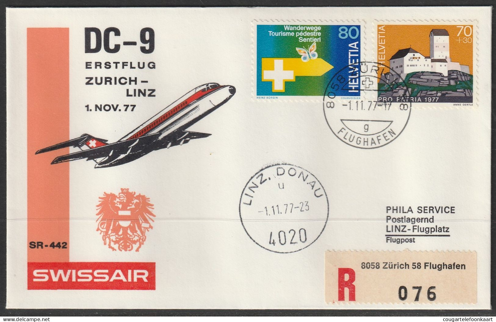 1977, Swissair, Erstflug, Zürich - Linz - First Flight Covers