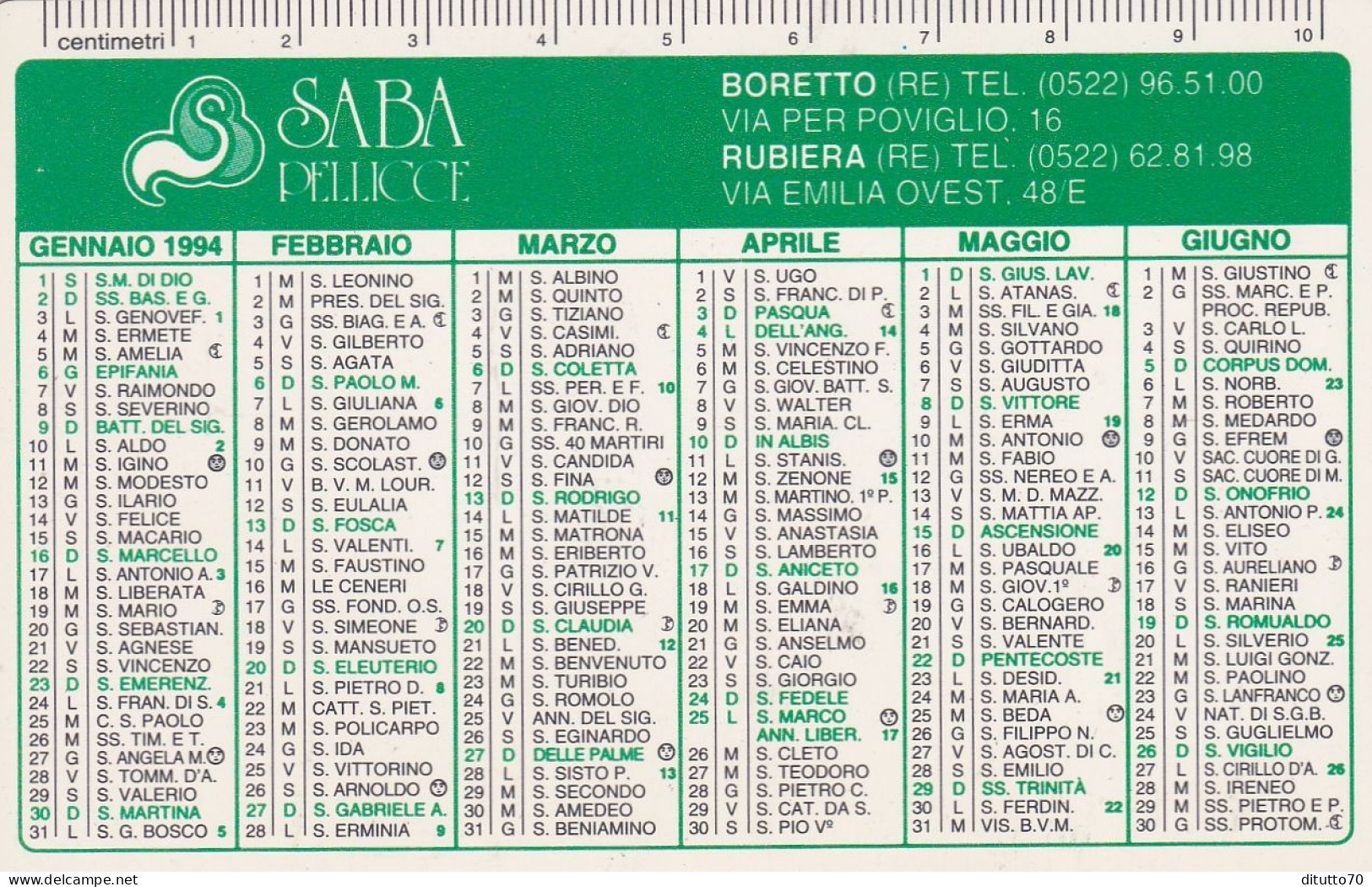Calendarietto - SABA - Pellicce - Boretto - Runiera - Anno 1994 - Petit Format : 1991-00