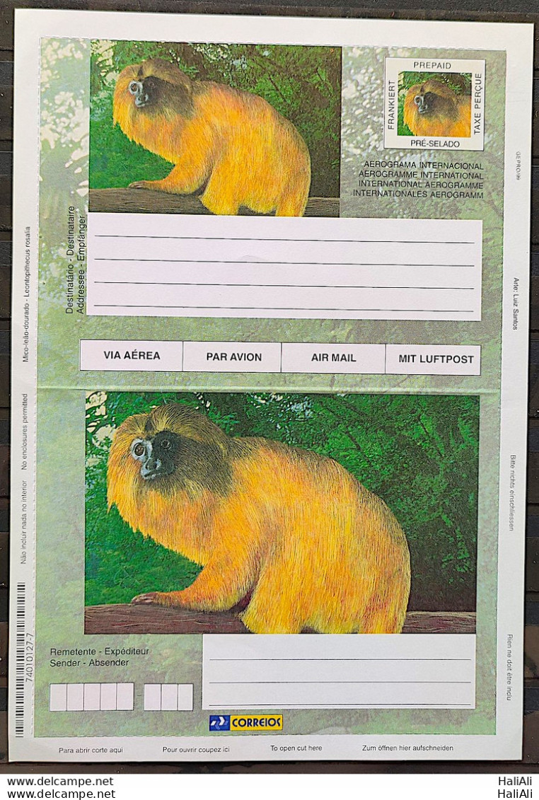 Brazil Aerogram Cod 0010A International Lion Golden Monkey Fauna Gepro 1999 - Postwaardestukken