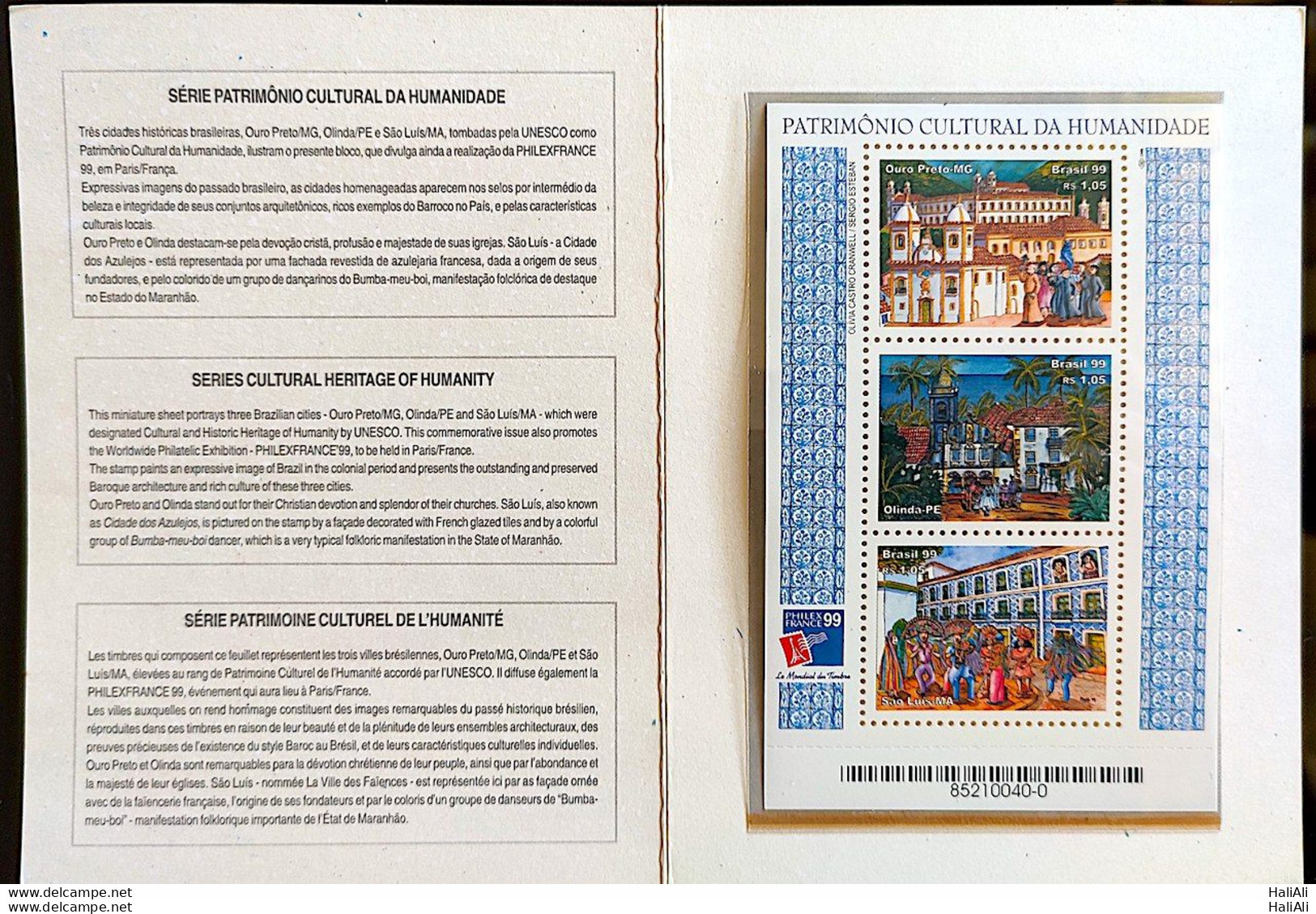 Brazil Stamp Folder Cultural Heritage Of Humanity Ouro Preto Olinda Sao Luis 1999 - Altri & Non Classificati