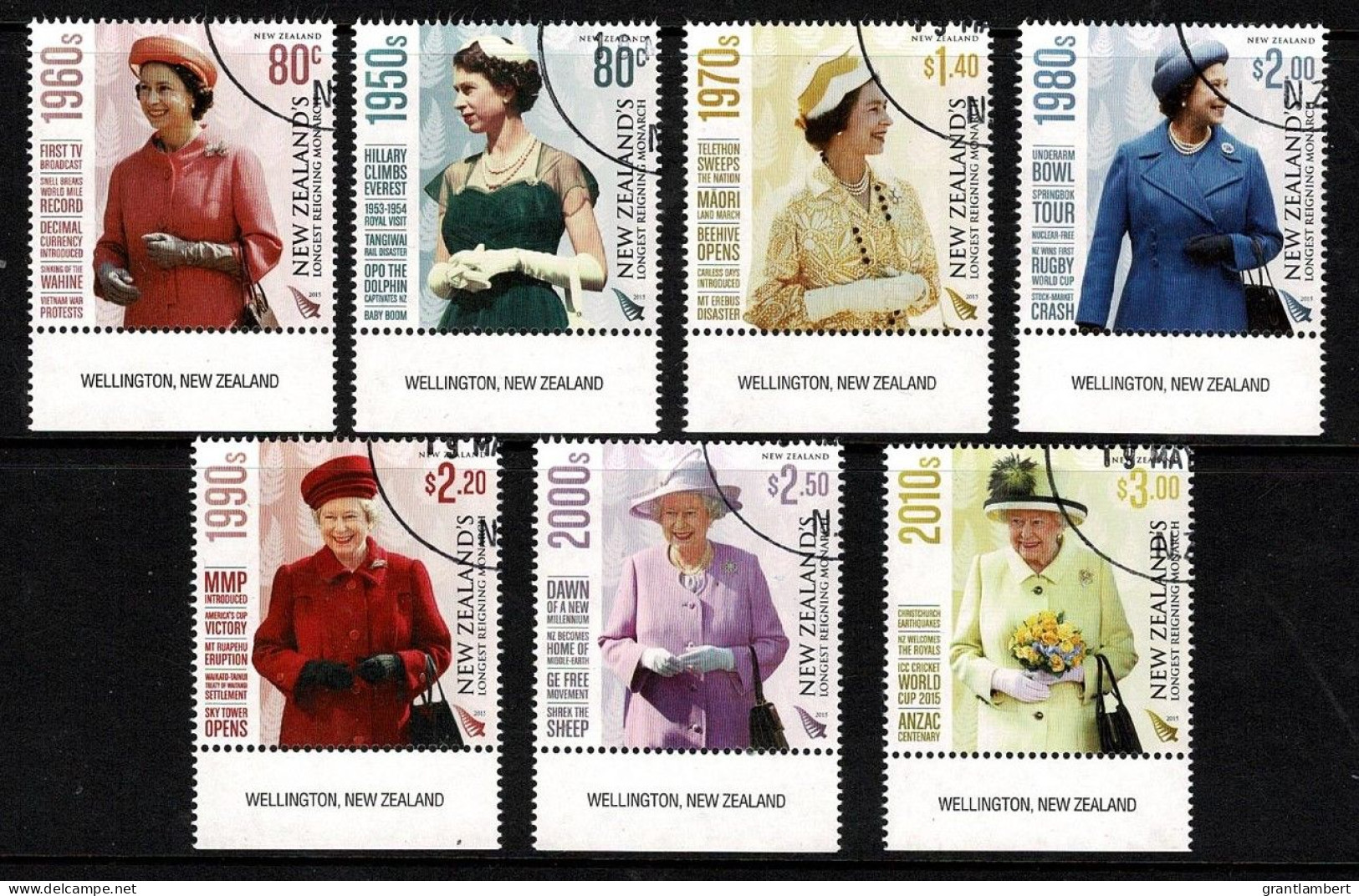 New Zealand 2015 Queen Elizabeth - Longest Reigning Monarch  Marginal Set Of 7 Used - Usados