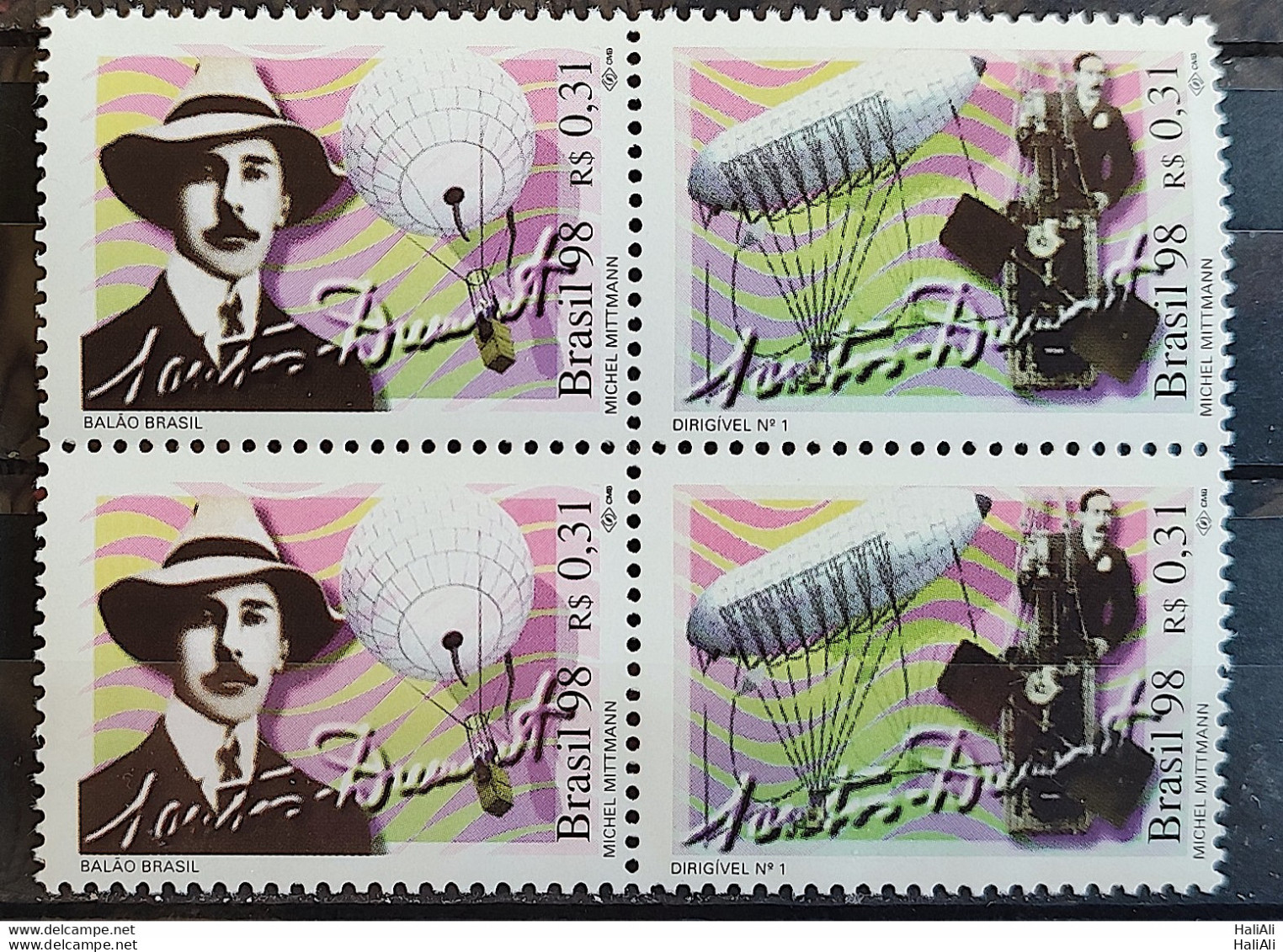 C 2143 Brazil Stamp Santos Dumont Airplane Balloon 1998 Complete Series Block Of 4 - Unused Stamps