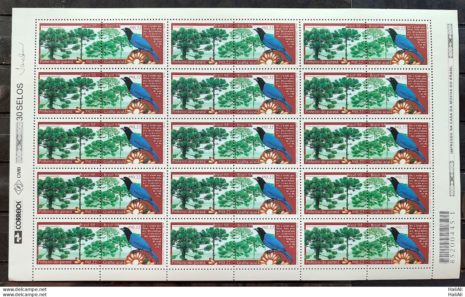 C 2138 Brazil Stamp Pinheiro Do Parana Blue Jay 1998 Sheet - Unused Stamps