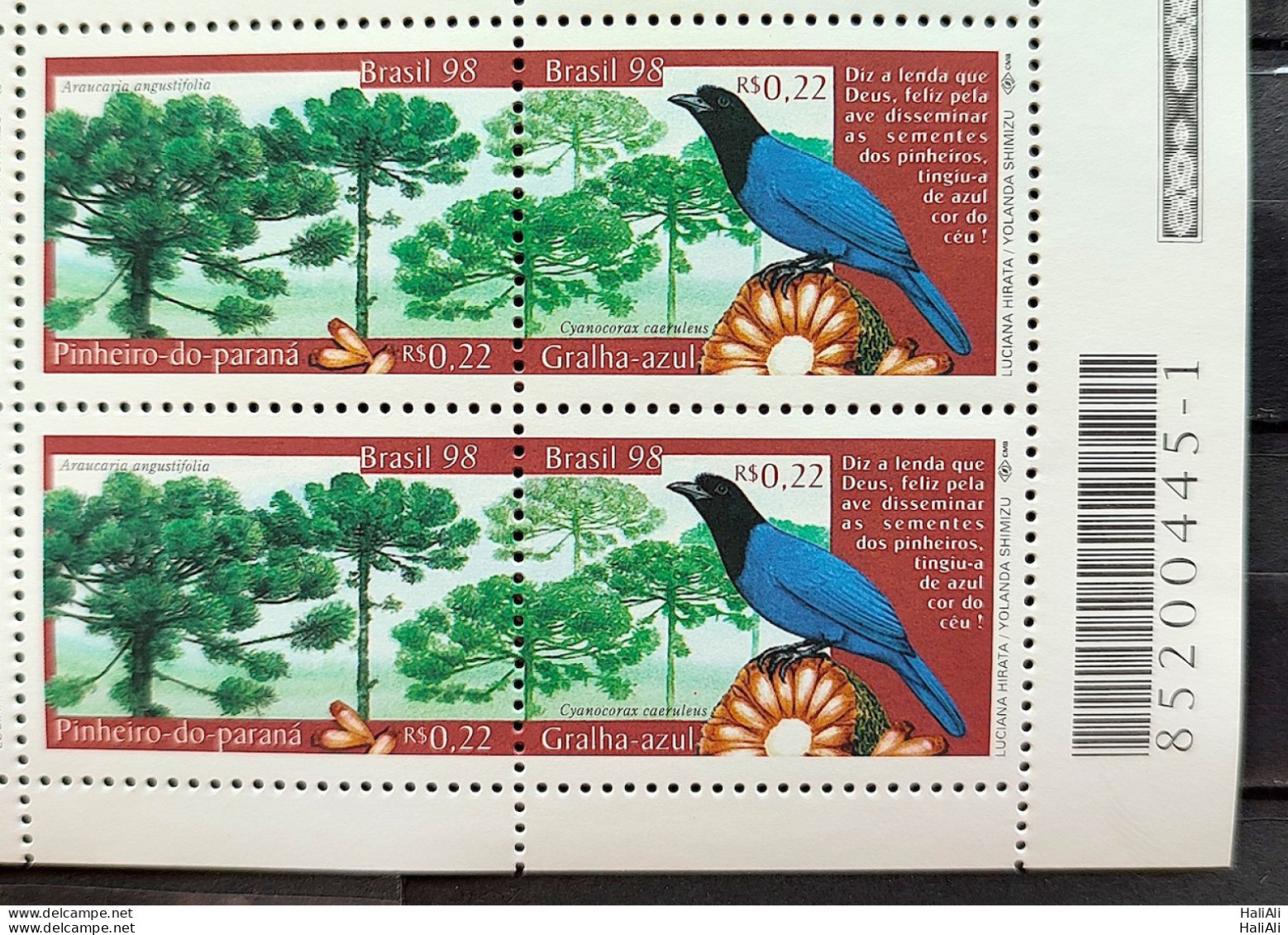 C 2138 Brazil Stamp Pinheiro Do Parana Blue Jay 1998 Block Of 4 Bar Code - Unused Stamps