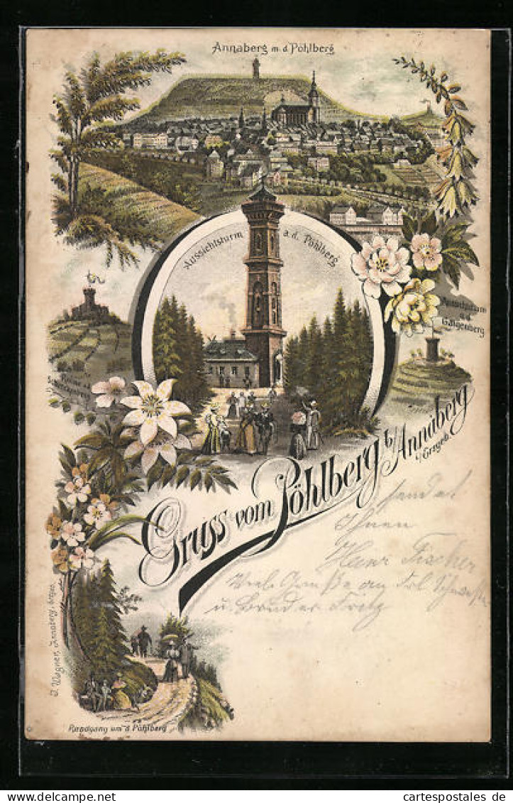 Lithographie Annaberg I. Erzgeb., Ortsansicht, Aussichtsturm Auf Dem Pöhlberg  - Pöhl