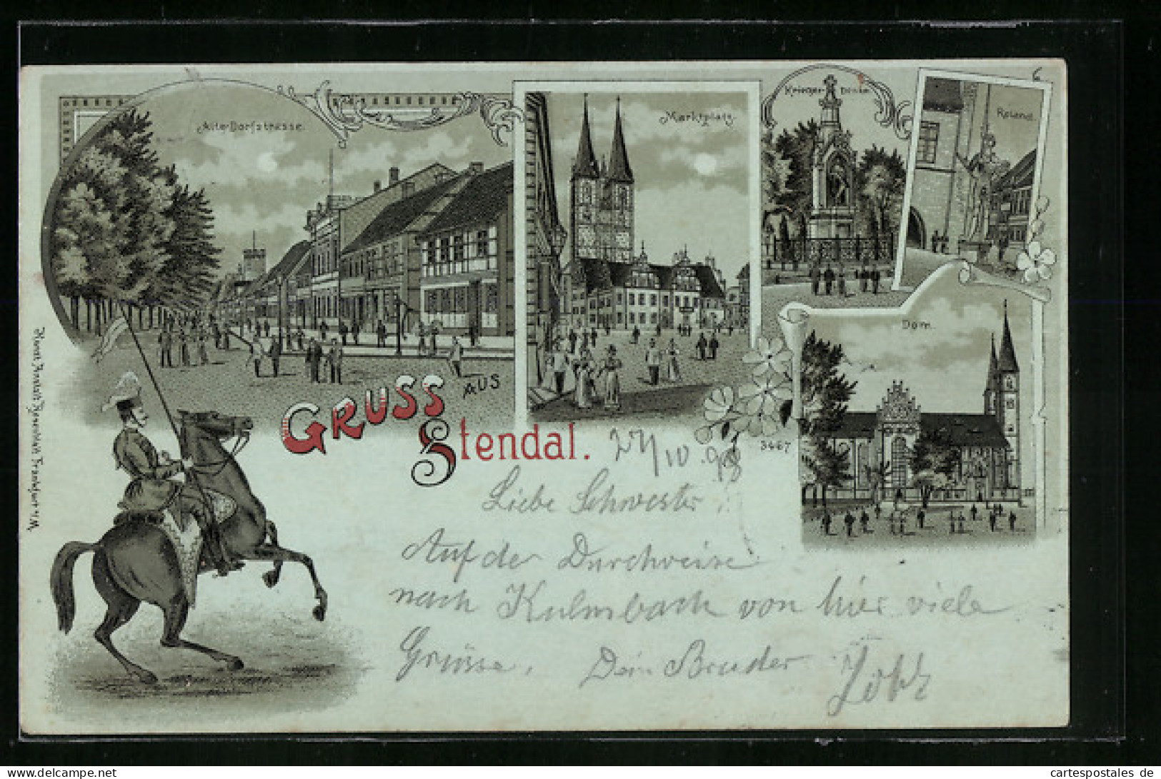 Mondschein-Lithographie Stendal, Partie Alte Dorfstrasse, Marktplatz, Husar Zu Pferde  - Stendal
