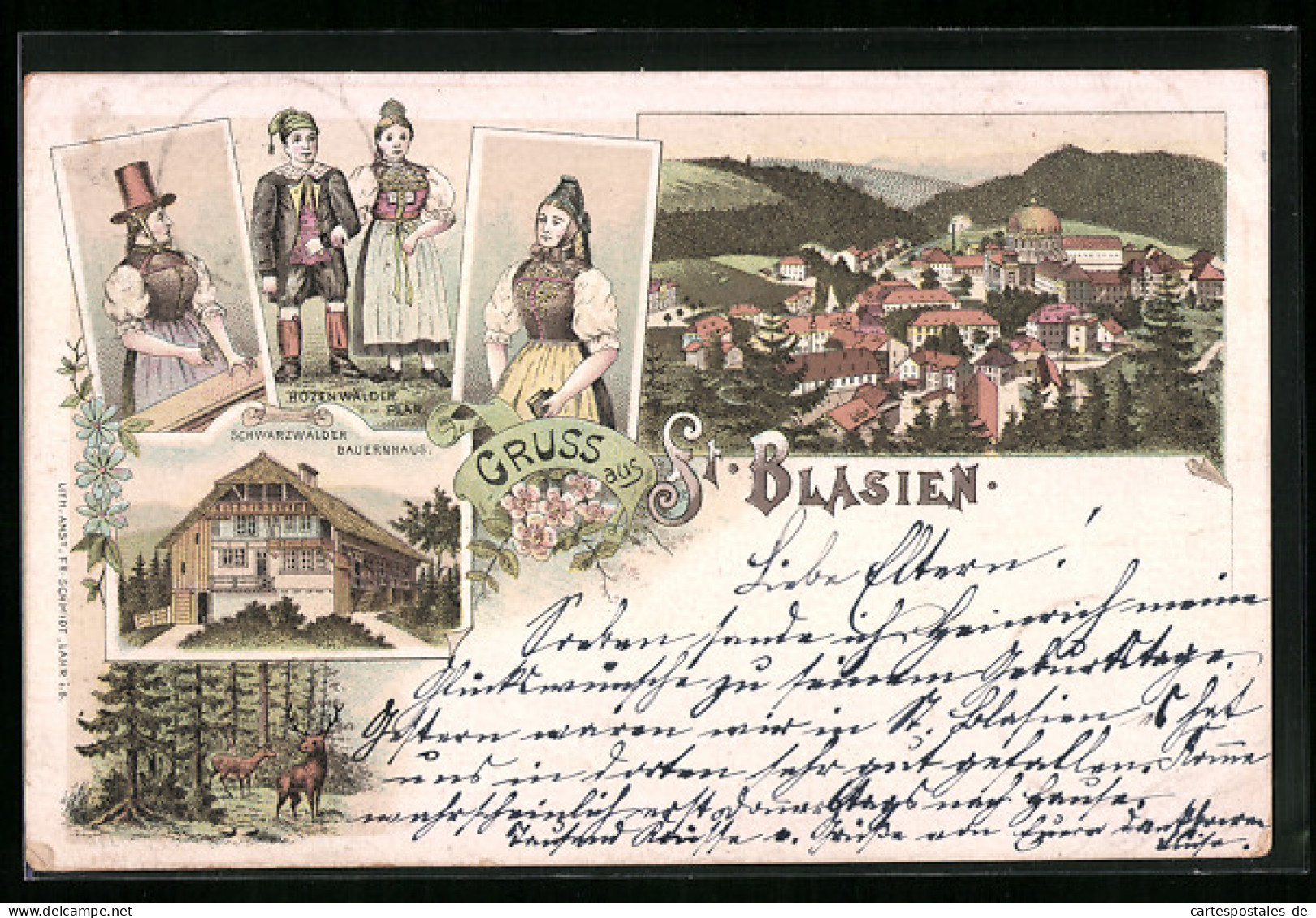Lithographie St. Blasien, Schwarzwälder Bauernhaus, Hozenwälder Paar, Rehbock Und Reh  - St. Blasien