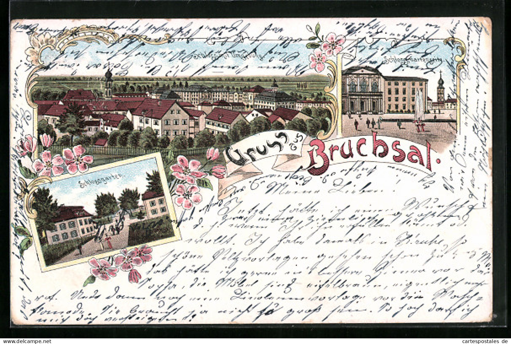 Lithographie Bruchsal, Schloss Mit Umgebung, Gartenseite, Schlossgarten  - Bruchsal
