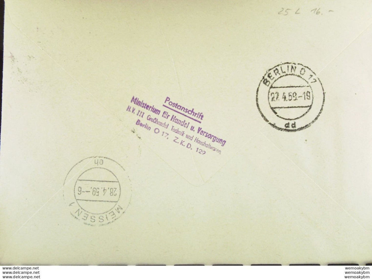 Fern-Brief Mit ZKD-Streifen Lfd.Nr: =L 220456= BERLIN O17 V. 27.4.59 Abs: Ministerium Für Handel U. Versorgung Knr: 25 L - Cartas & Documentos