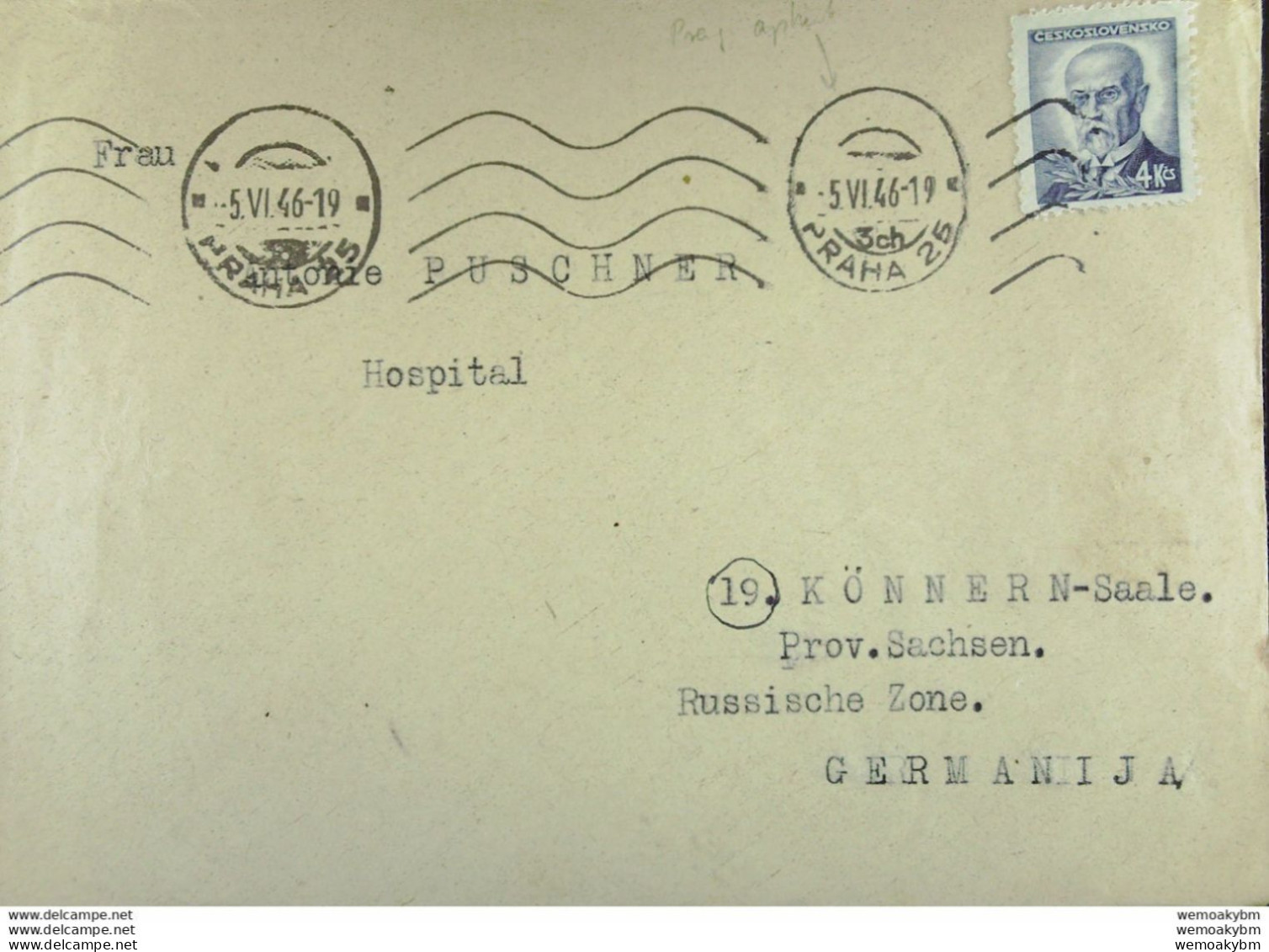 Tchechien: Brief Mit 4 Kcr Aus PRAHA (dt. PRAG Wurde Aus Stempel Entfernt) Vom 5.6.1946 Nach D-Könnern (Saale) Russ.Zone - Covers & Documents