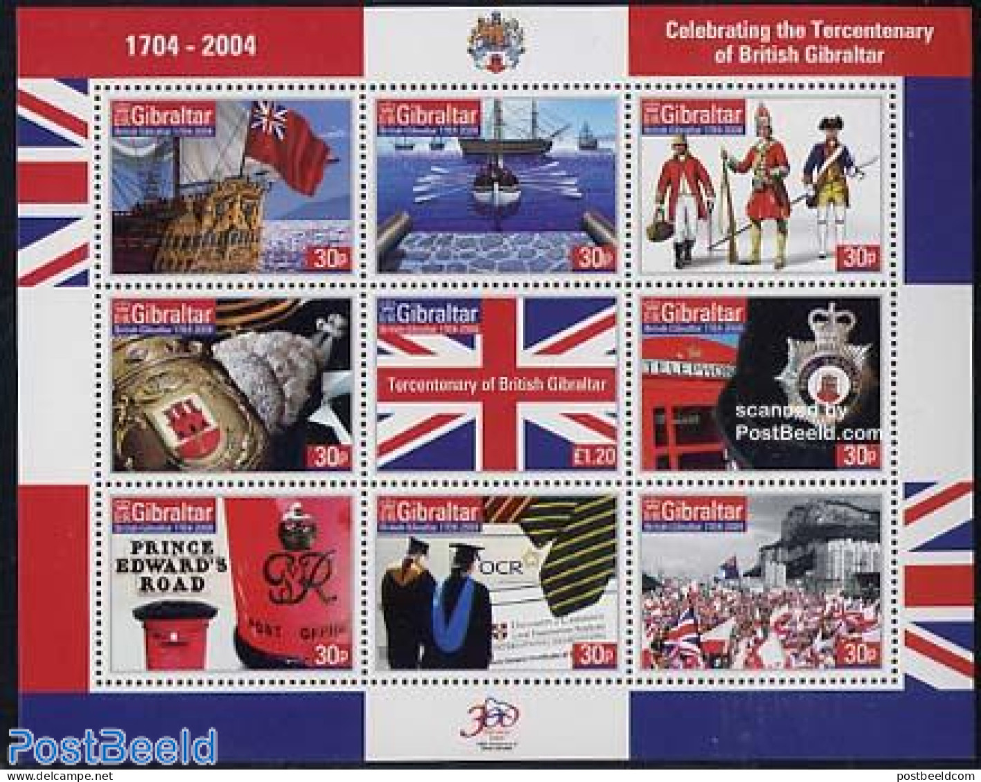 Gibraltar 2004 300 Years British 9v M/s, Mint NH, History - Science - Transport - Various - Flags - History - Educatio.. - Post