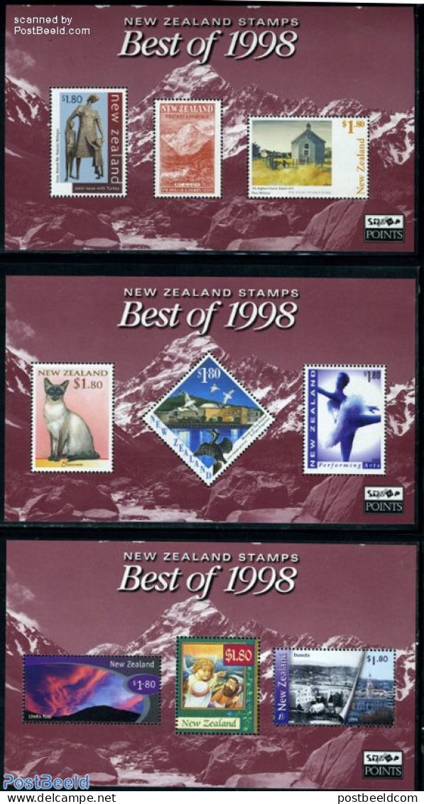 New Zealand 1999 Best Of 1998,  3 S/s, Mint NH, Nature - Performance Art - Religion - Transport - Birds - Cats - Dance.. - Unused Stamps