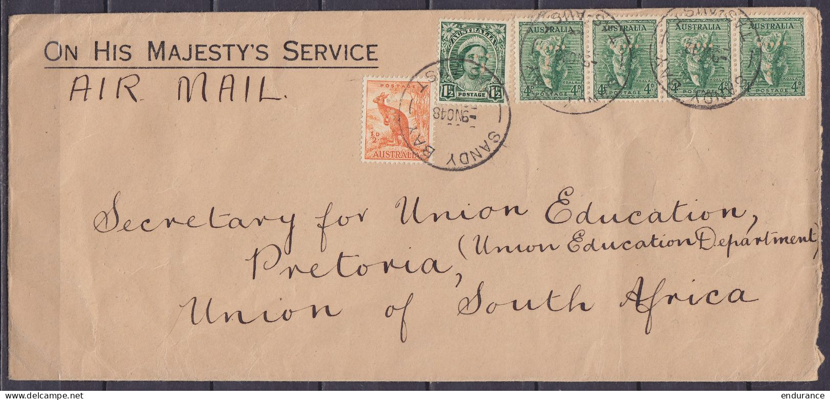 Australie - L. Par Avion Affr. 18d (perforés) Càd SANDY BAY /-9 NO 1948 Pour PRETORIA Union Of South Africa - Lettres & Documents