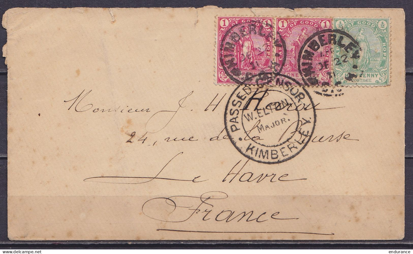 Cape Of Good Hope - L. Affr. 2½d Càd KIMBERLEY /DEC 22 1901 Pour LE HAVRE - Cachet Censure "PASSED CENSOR /W.ELTON Major - Capo Di Buona Speranza (1853-1904)