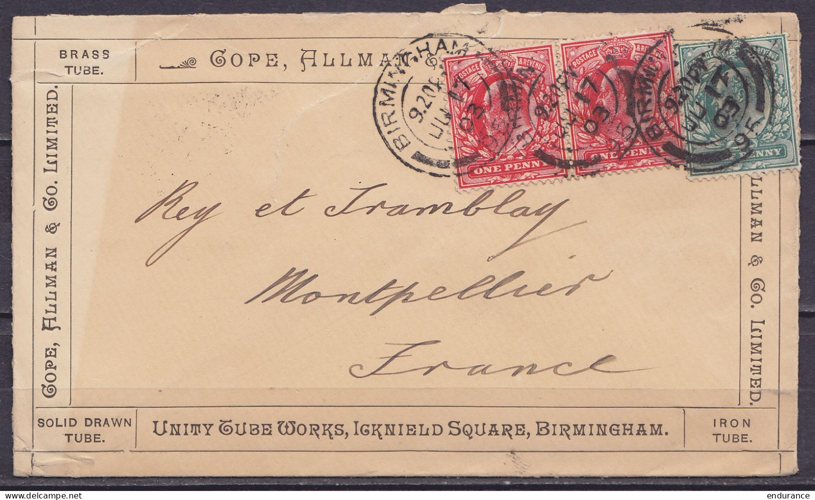 L. "Cope, Allman & Co Ltd" Affr. 2½d (N°106+2x107) Càd BIRMINGHAM /JU 17 1903 Pour MONTPELLIER (au Dos: Càd Arrivée MONT - Lettres & Documents