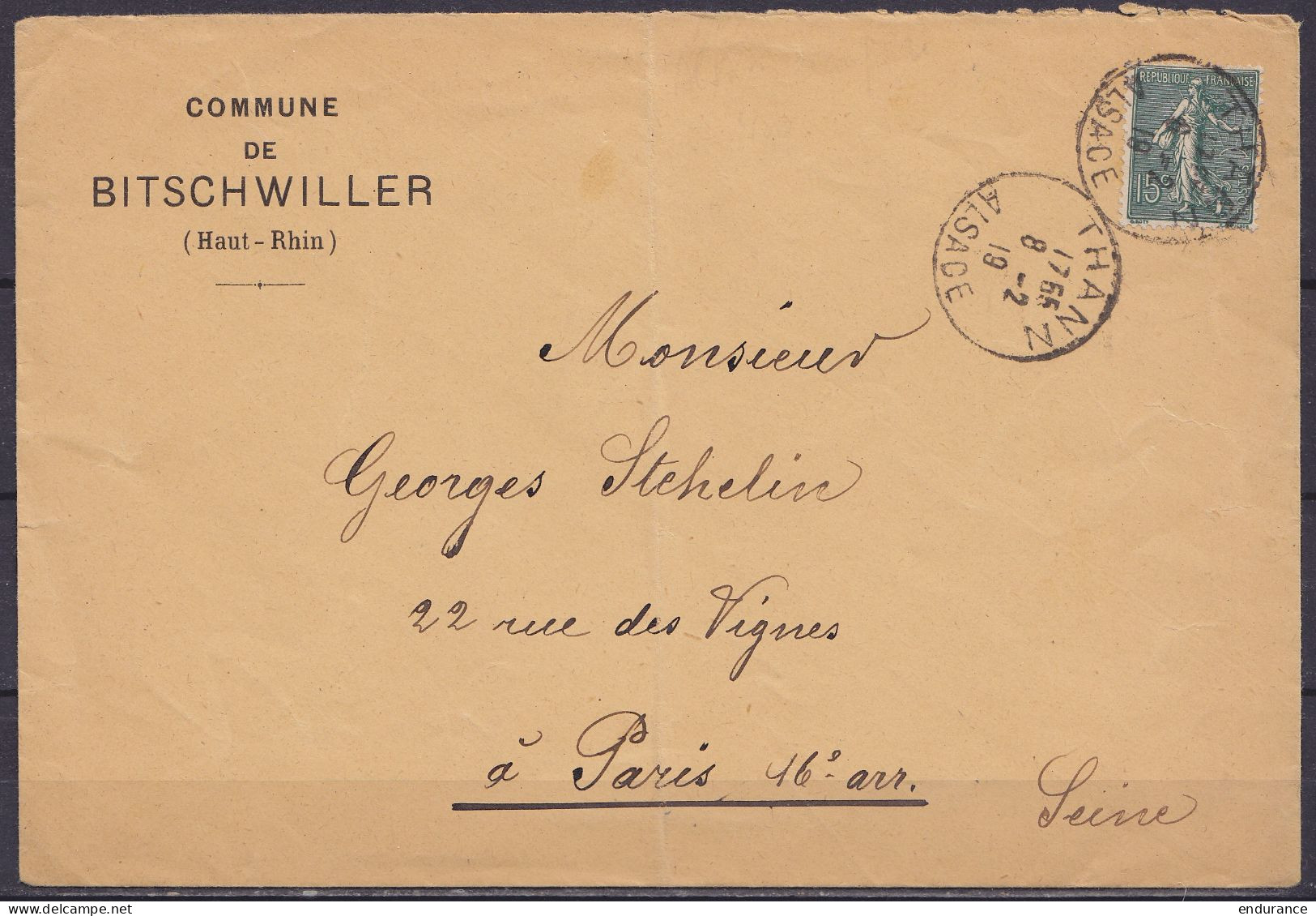 L. Entête "Commune De BITSCHWILLER" (Bitschwiller-lès-Thann) Affr. N°130 Càd THANN /8-2-1919/ ALSACE Pour PARIS - 1903-60 Semeuse Lignée